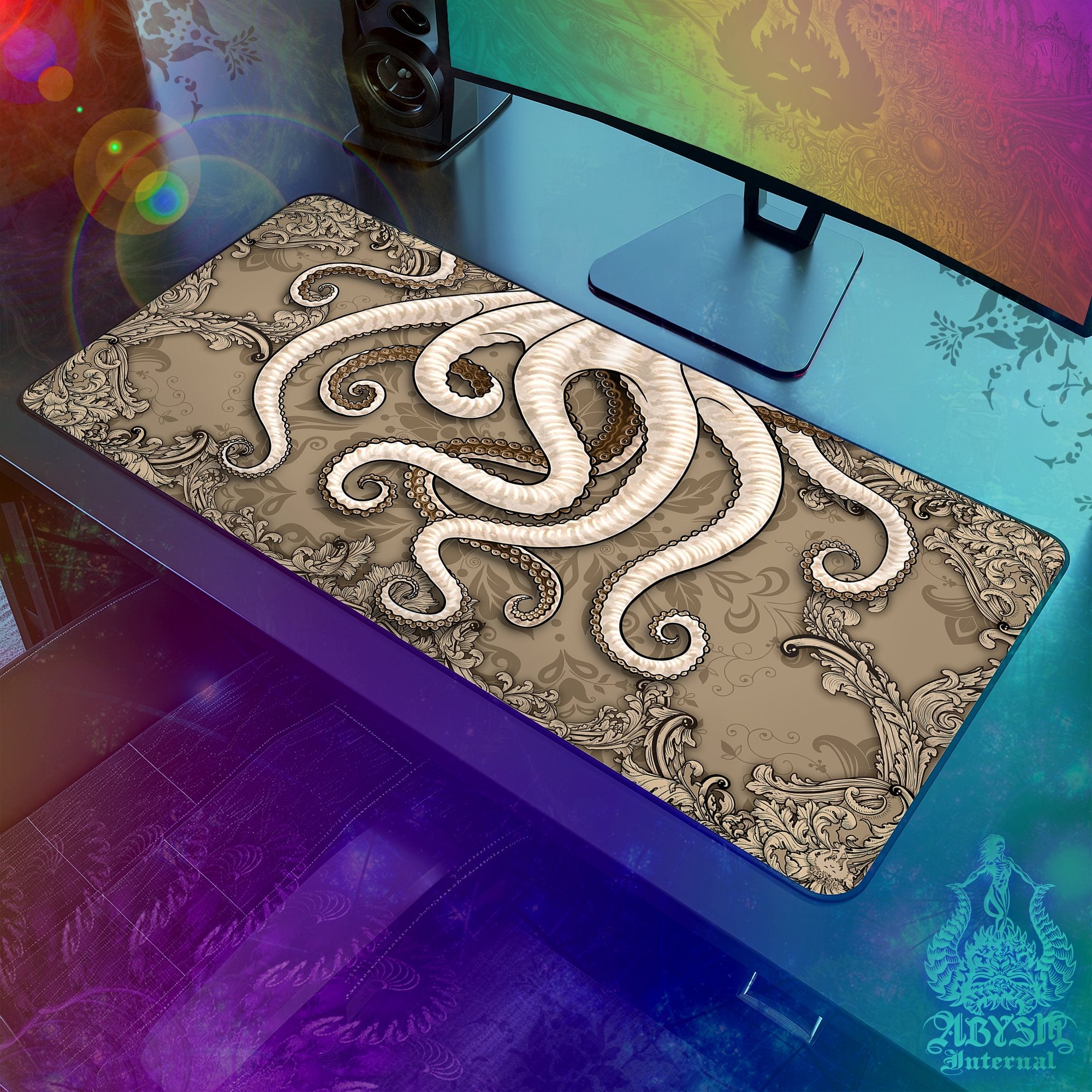 Octopus Mouse Pad, Tentacles Gaming Desk Mat, Beige Workpad, Cream Table Protector Cover, Fantasy Art Print
