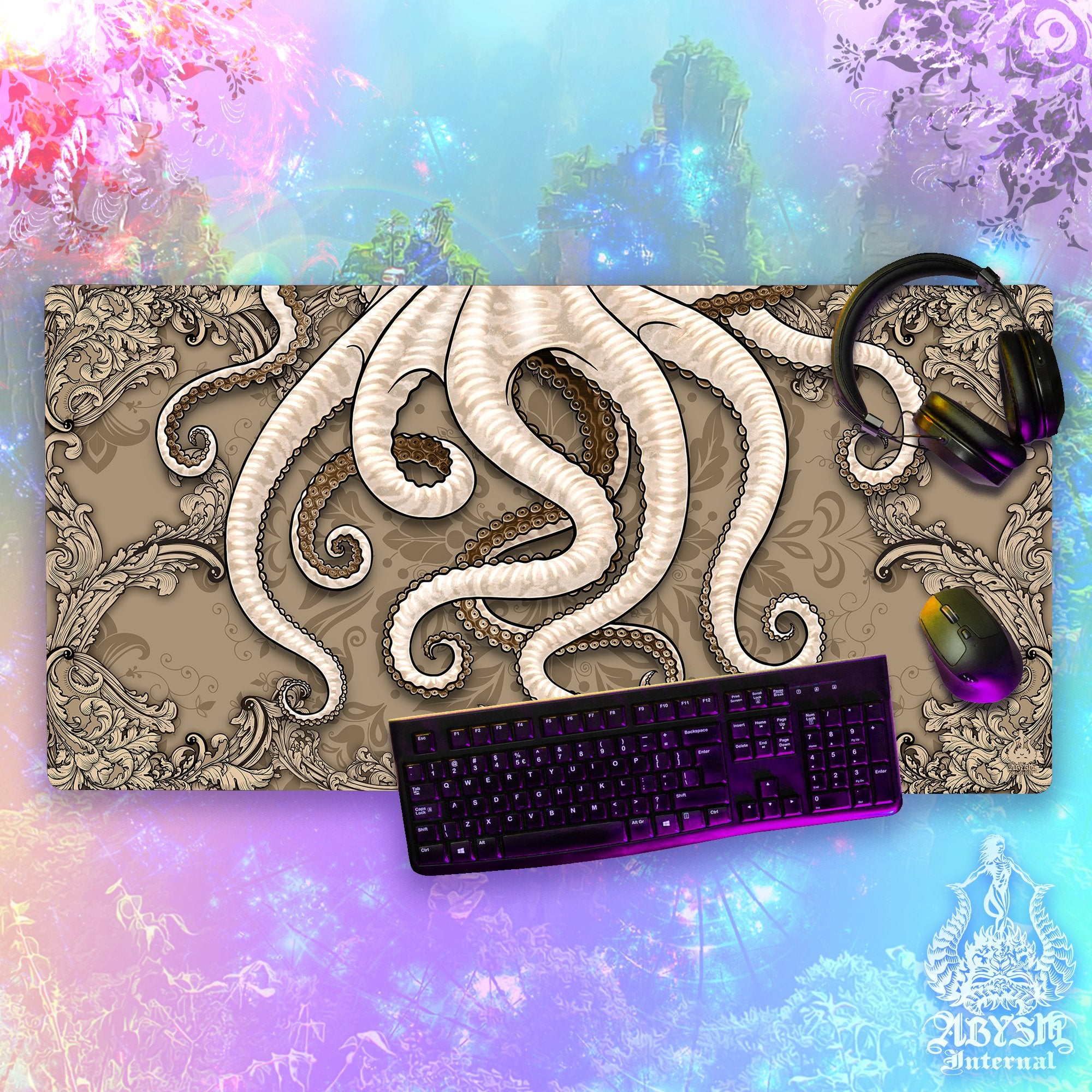 Octopus Mouse Pad, Tentacles Gaming Desk Mat, Beige Workpad, Cream Table Protector Cover, Fantasy Art Print Octopus Mouse Pad, Tentacles Gaming Desk Mat, Beige Workpad, Cream Table Protector Cover, Fantasy Art Print