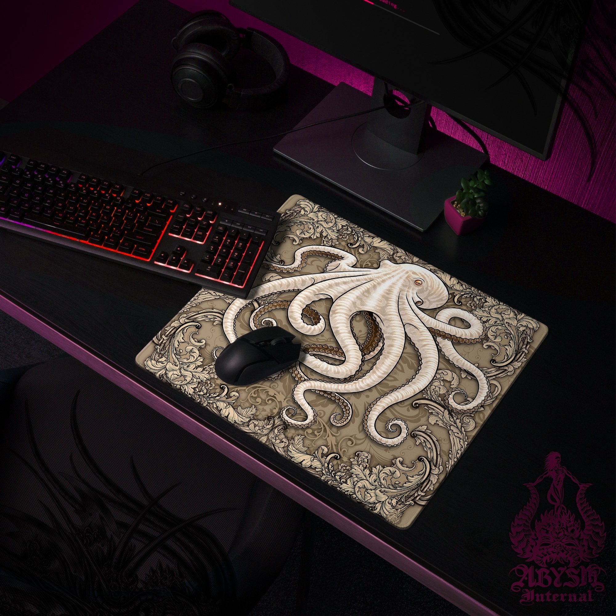 Octopus Mouse Pad, Tentacles Gaming Desk Mat, Beige Workpad, Cream Table Protector Cover, Fantasy Art Print Octopus Mouse Pad, Tentacles Gaming Desk Mat, Beige Workpad, Cream Table Protector Cover, Fantasy Art Print