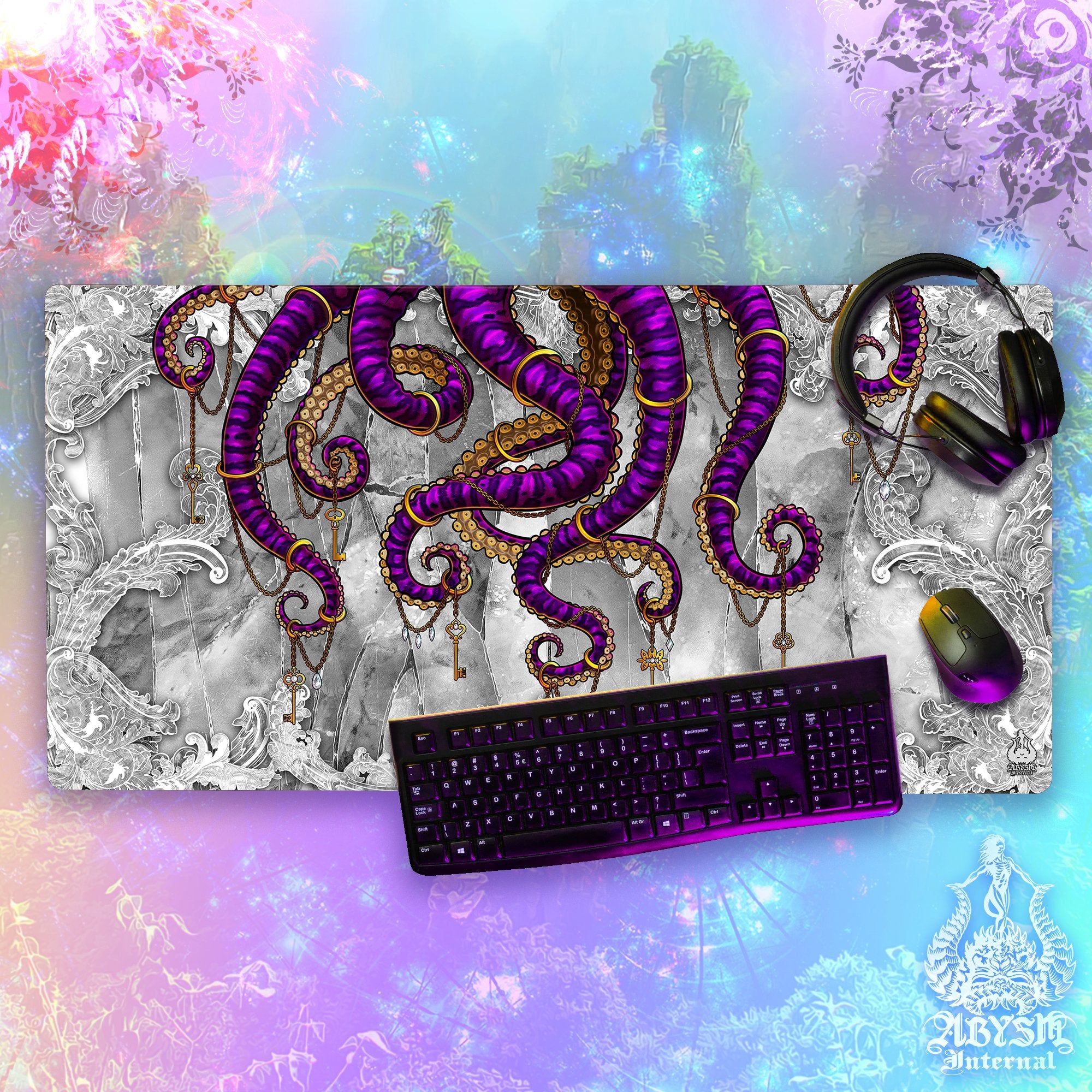 Octopus Workpad, Purple Tentacles Desk Mat, Colorful Gaming Mouse Pad, Gamer Table Protector Cover, Fantasy Art Print – Stone, Sand, 2 Colors