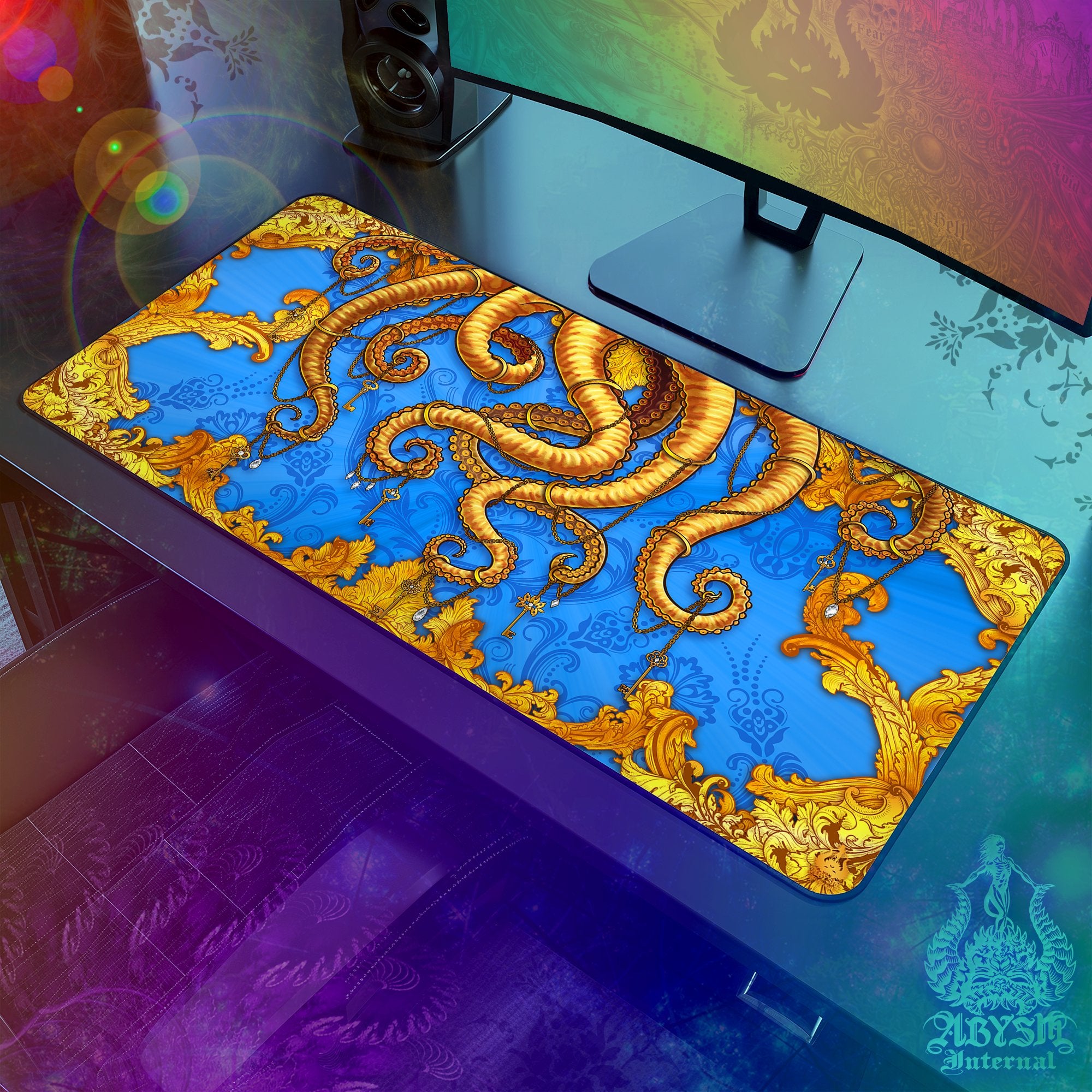 Octopus Workpad, Tentacles Desk Mat, Colorful Gaming Mouse Pad, Cyan Gold Table Protector Cover, Fantasy Art Print