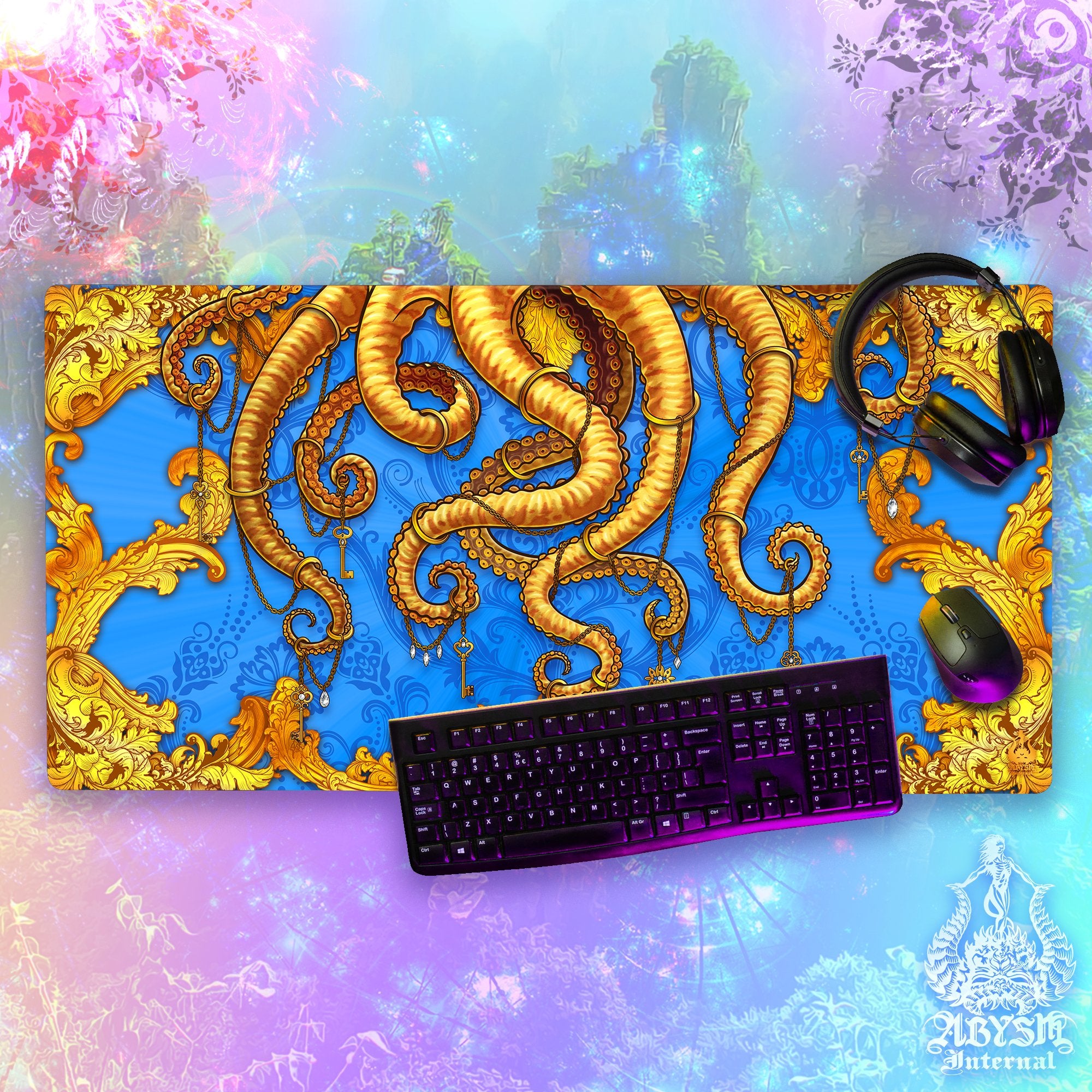 Octopus Workpad, Tentacles Desk Mat, Colorful Gaming Mouse Pad, Cyan Gold Table Protector Cover, Fantasy Art Print Octopus Workpad, Tentacles Desk Mat, Colorful Gaming Mouse Pad, Cyan Gold Table Protector Cover, Fantasy Art Print