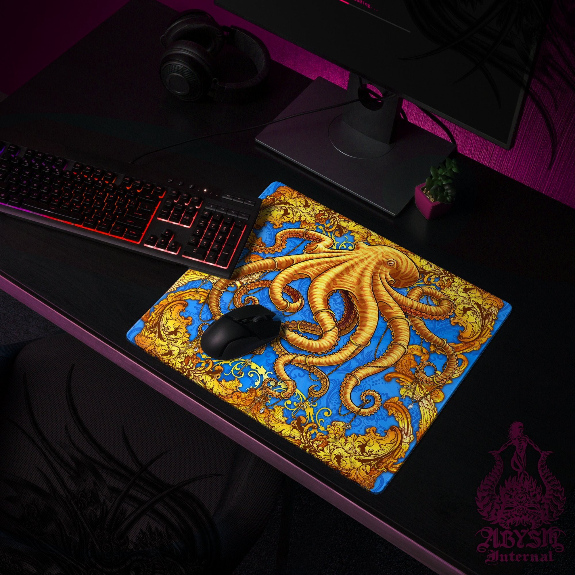 Octopus Workpad, Tentacles Desk Mat, Colorful Gaming Mouse Pad, Cyan Gold Table Protector Cover, Fantasy Art Print Octopus Workpad, Tentacles Desk Mat, Colorful Gaming Mouse Pad, Cyan Gold Table Protector Cover, Fantasy Art Print
