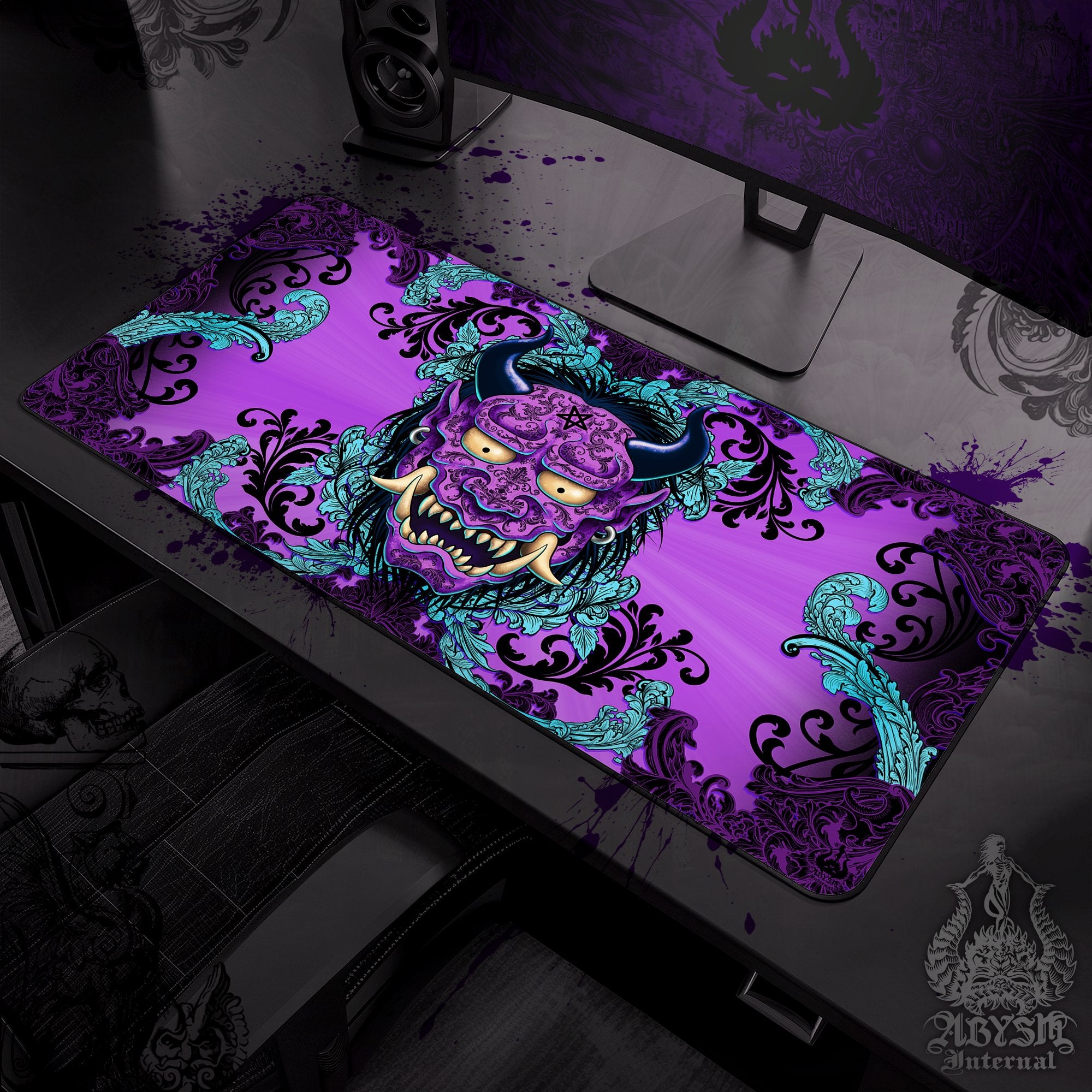 Oni Gaming Desk Mat, Japanese Demon Mouse Pad, Gamer Table Protector Cover, Pastel Goth Workpad, Anime Yokai Art Print – Black Purple