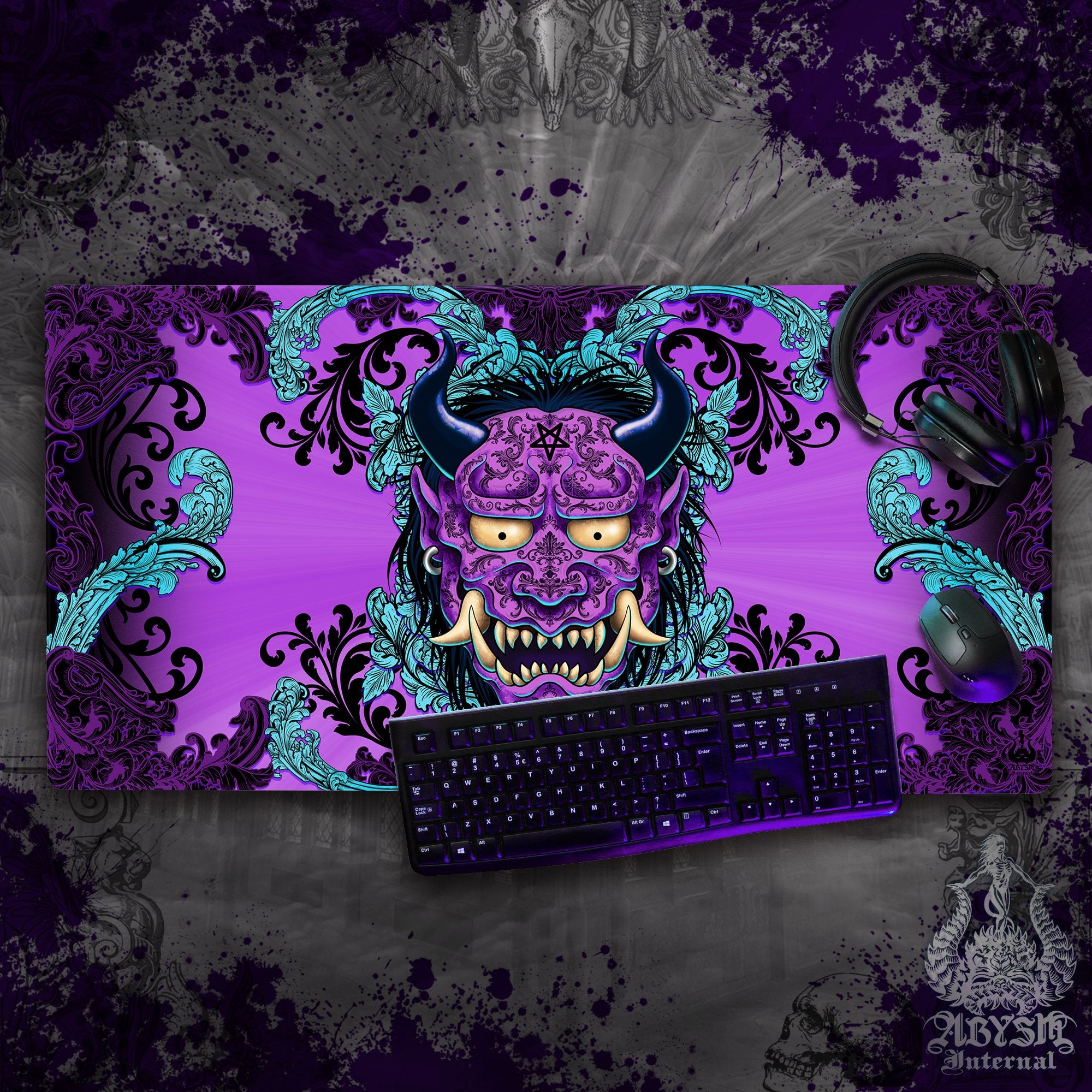 Oni Gaming Desk Mat, Japanese Demon Mouse Pad, Gamer Table Protector Cover, Pastel Goth Workpad, Anime Yokai Art Print – Black Purple Oni Gaming Desk Mat, Japanese Demon Mouse Pad, Gamer Table Protector Cover, Pastel Goth Workpad, Anime Yokai Art Print – Black Purple