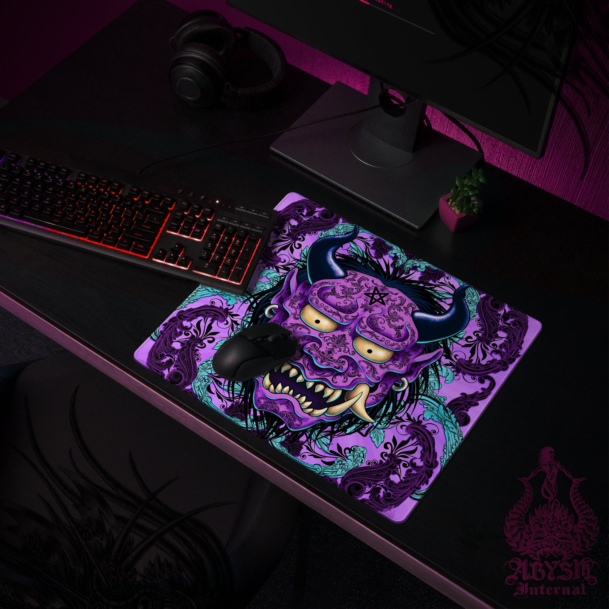 Oni Gaming Desk Mat, Japanese Demon Mouse Pad, Gamer Table Protector Cover, Pastel Goth Workpad, Anime Yokai Art Print – Black Purple Oni Gaming Desk Mat, Japanese Demon Mouse Pad, Gamer Table Protector Cover, Pastel Goth Workpad, Anime Yokai Art Print – Black Purple