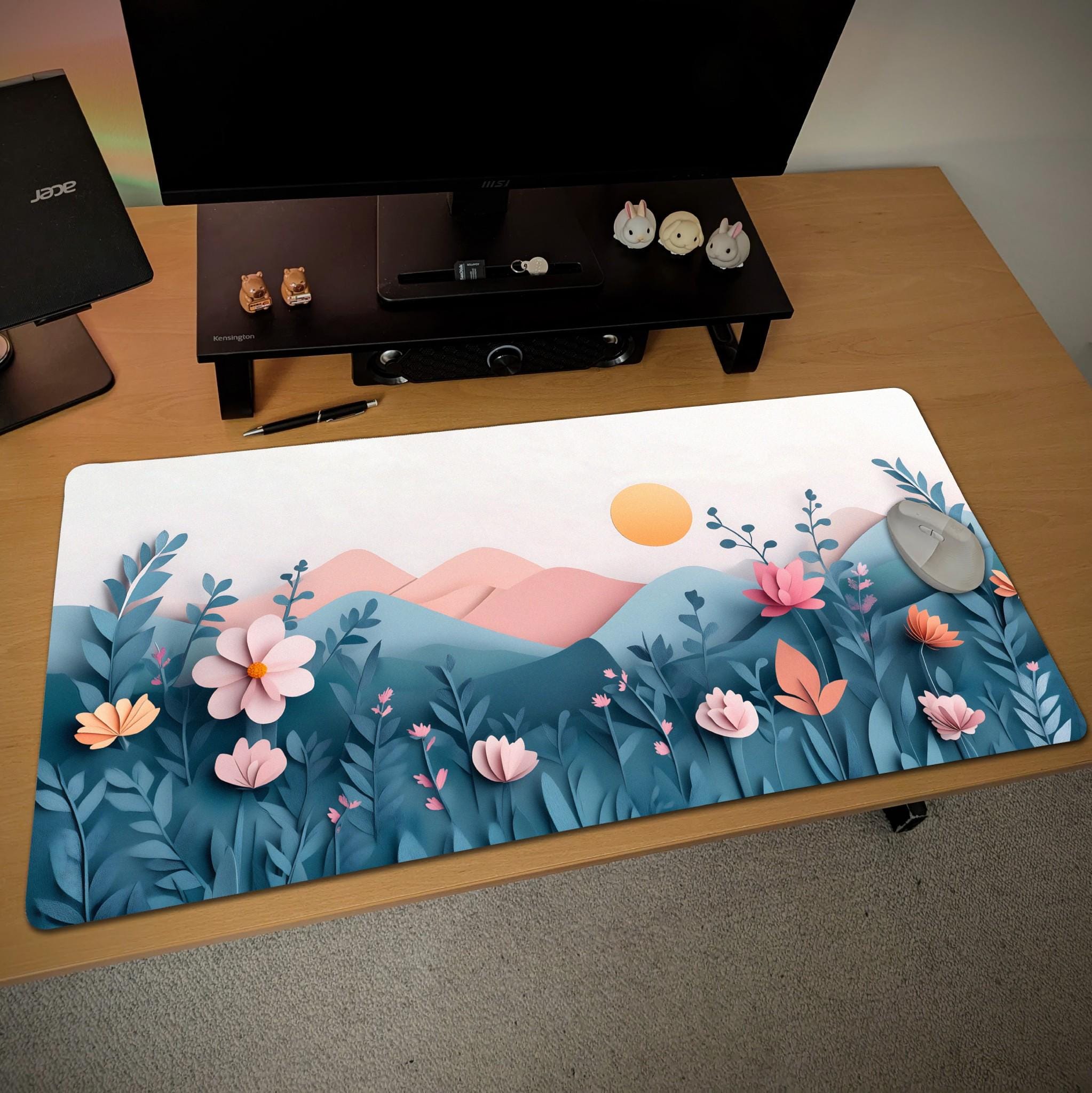 Paper Art Floral Desk Mat  Pastel Garden Mouse Pad – Aesthetic Pink, Green Mountain Landscape