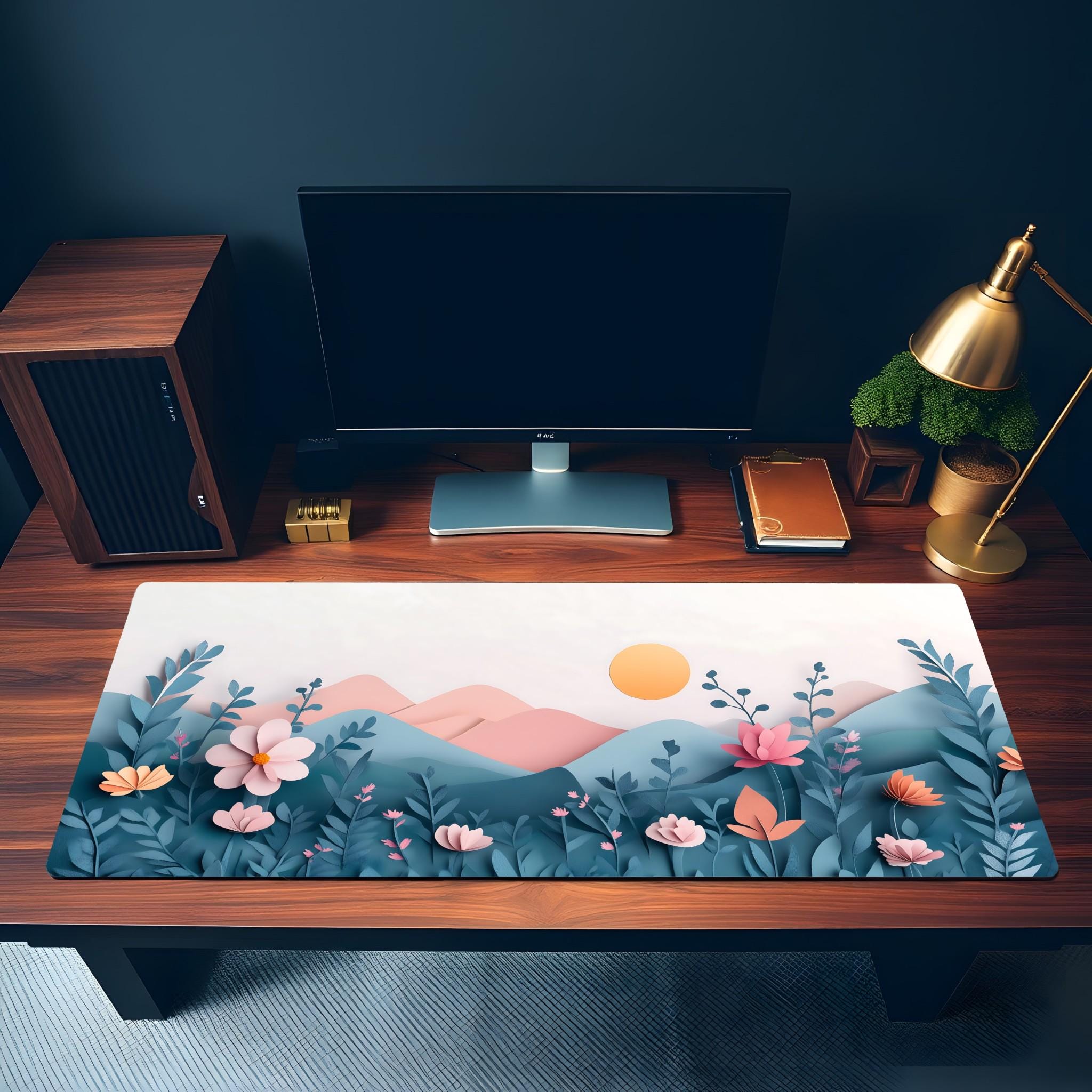 Paper Art Floral Desk Mat Pastel Garden Mouse Pad – Aesthetic Pink, Green Mountain Landscape Paper Art Floral Desk Mat Pastel Garden Mouse Pad – Aesthetic Pink, Green Mountain Landscape