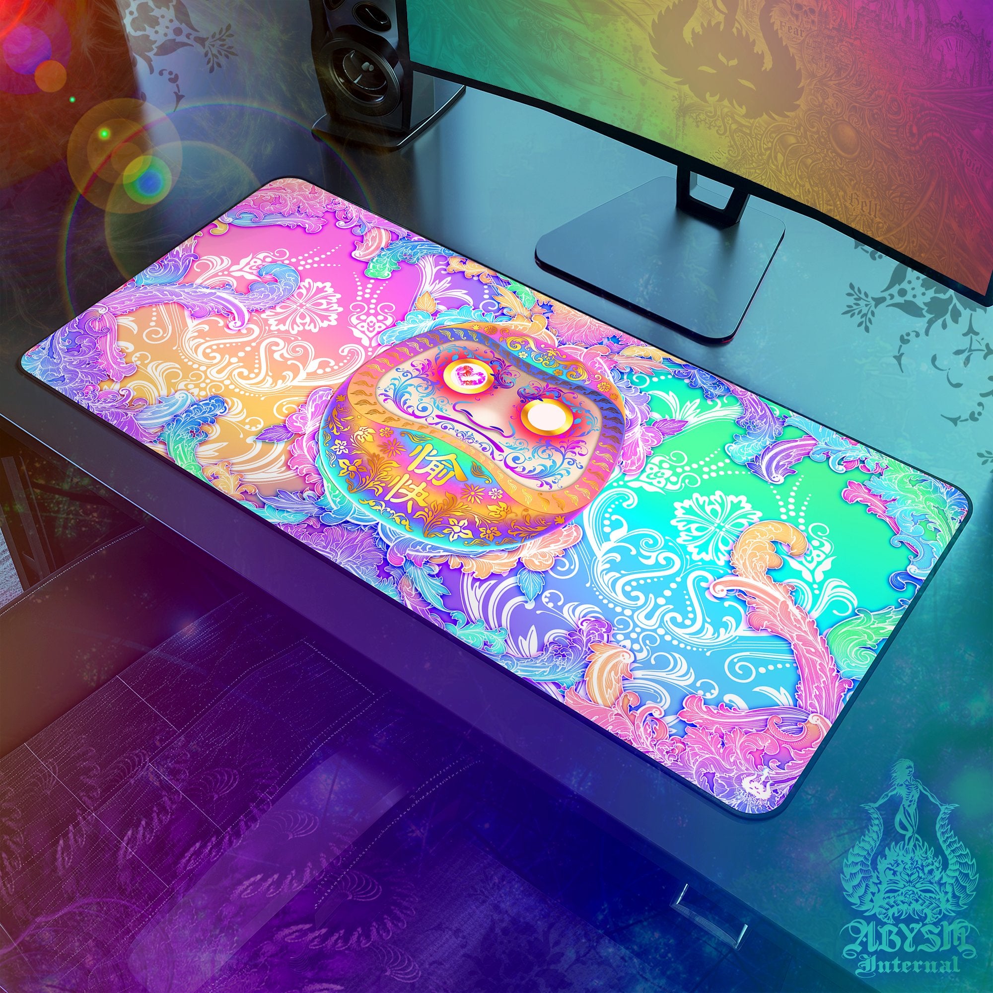 Pastel Gaming Desk Mat, Girl Gamer Mouse Pad, Japanese Daruma Table Protector Cover, Psychedelic Workpad, Harajuku Yume Kawaii Art Print – Manga and Anime