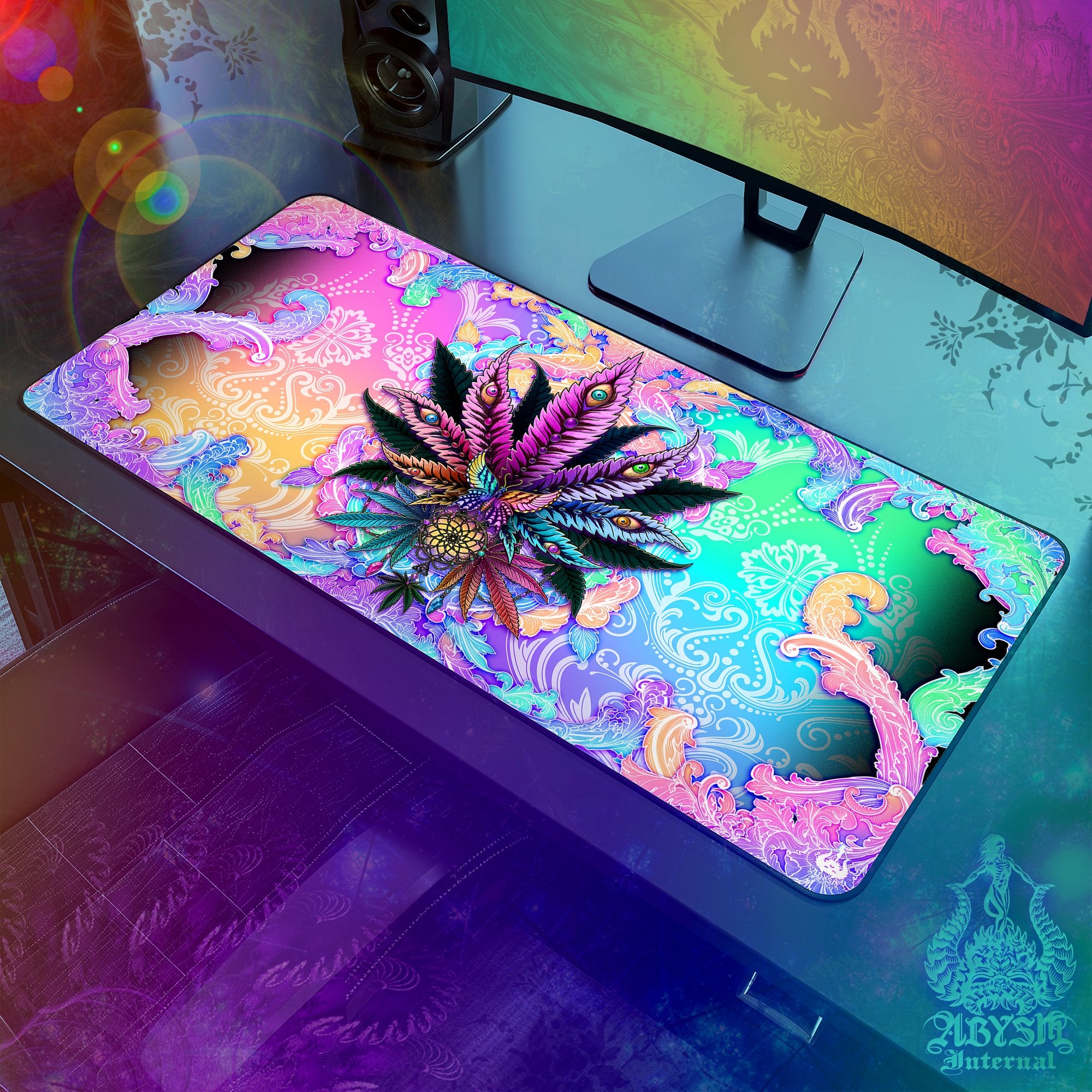 Pastel Gaming Desk Mat, Marijuana Mouse Pad, Psychedelic Cannabis Table Protector Cover, Weed Workpad, 420 Art Print – Black