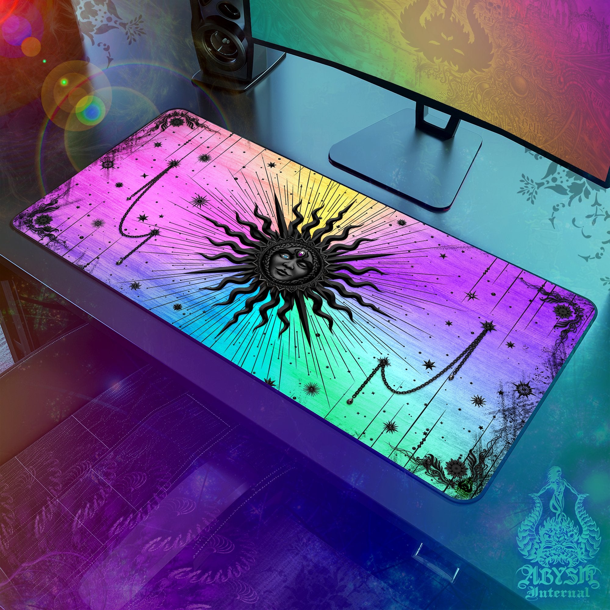 Pastel Gaming Mouse Pad, Black Sun Desk Mat, Gamer Girl Table Protector Cover, Tarot Arcana Workpad, Esoteric Art Print