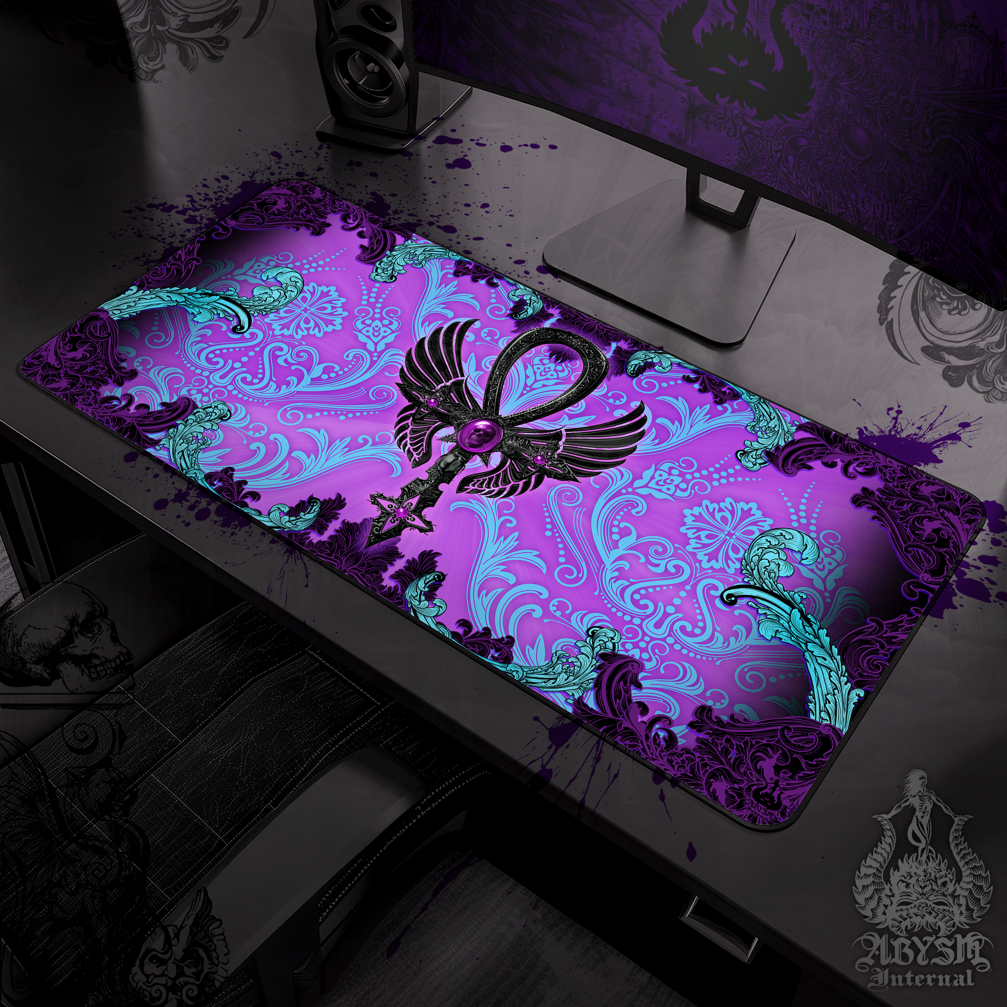 Pastel Goth Desk Mat, Black Ankh Gaming Mouse Pad, Purple Table Protector Cover, Gothic Cross Workpad, Art Print