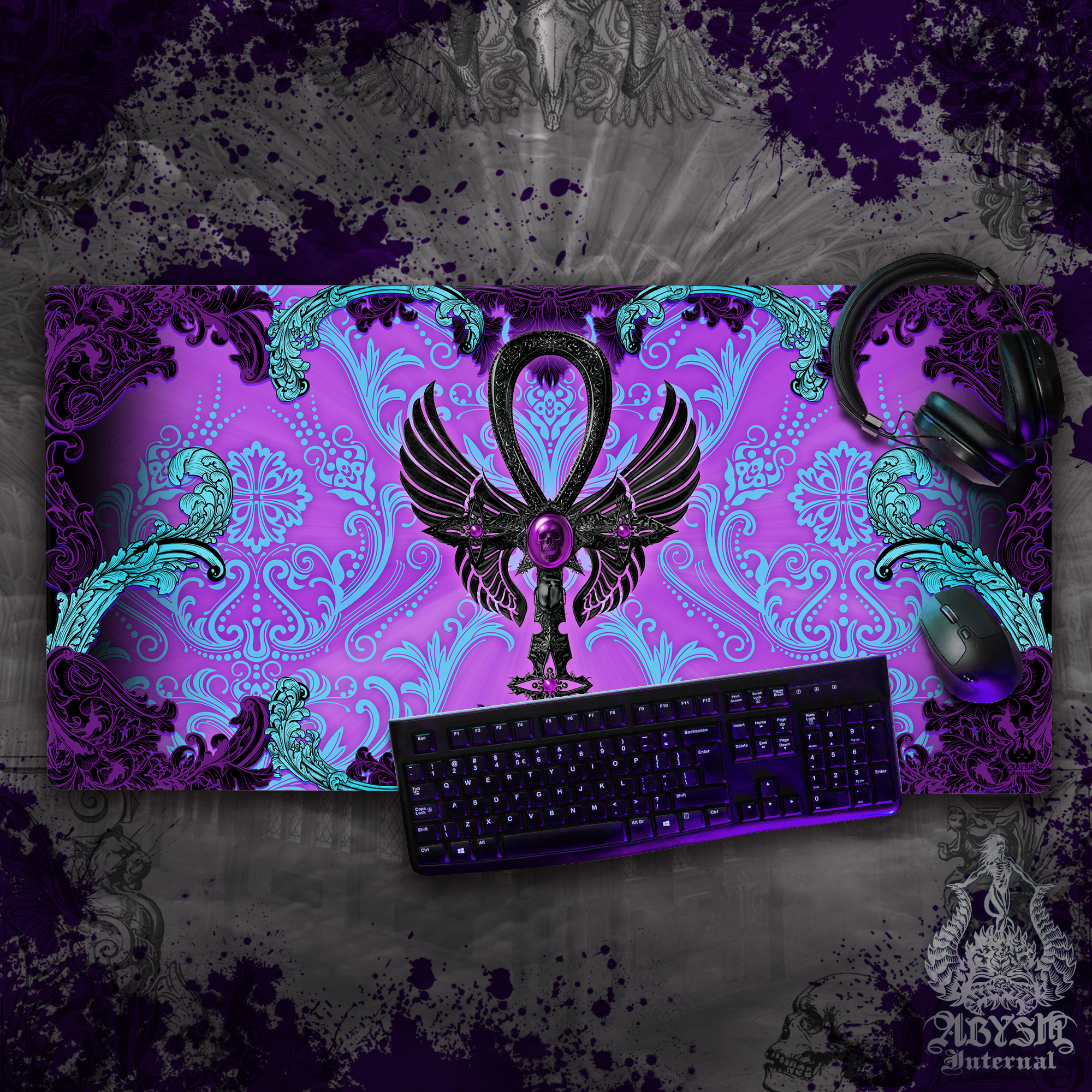 Pastel Goth Desk Mat, Black Ankh Gaming Mouse Pad, Purple Table Protector Cover, Gothic Cross Workpad, Art Print Pastel Goth Desk Mat, Black Ankh Gaming Mouse Pad, Purple Table Protector Cover, Gothic Cross Workpad, Art Print