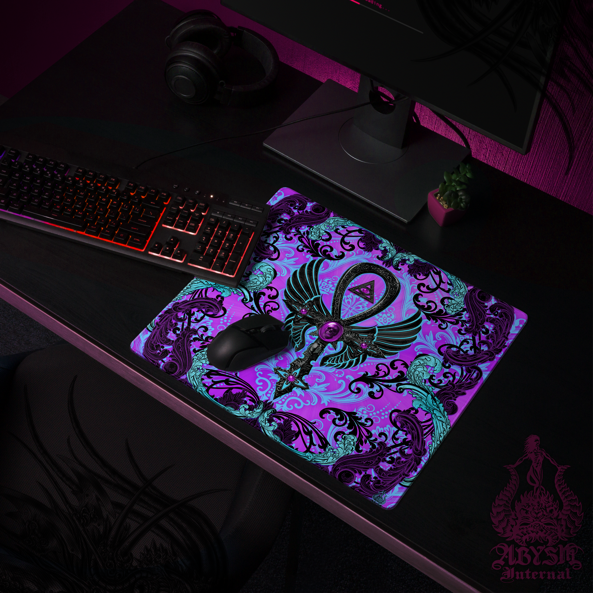 Pastel Goth Desk Mat, Black Ankh Gaming Mouse Pad, Purple Table Protector Cover, Gothic Cross Workpad, Art Print Pastel Goth Desk Mat, Black Ankh Gaming Mouse Pad, Purple Table Protector Cover, Gothic Cross Workpad, Art Print
