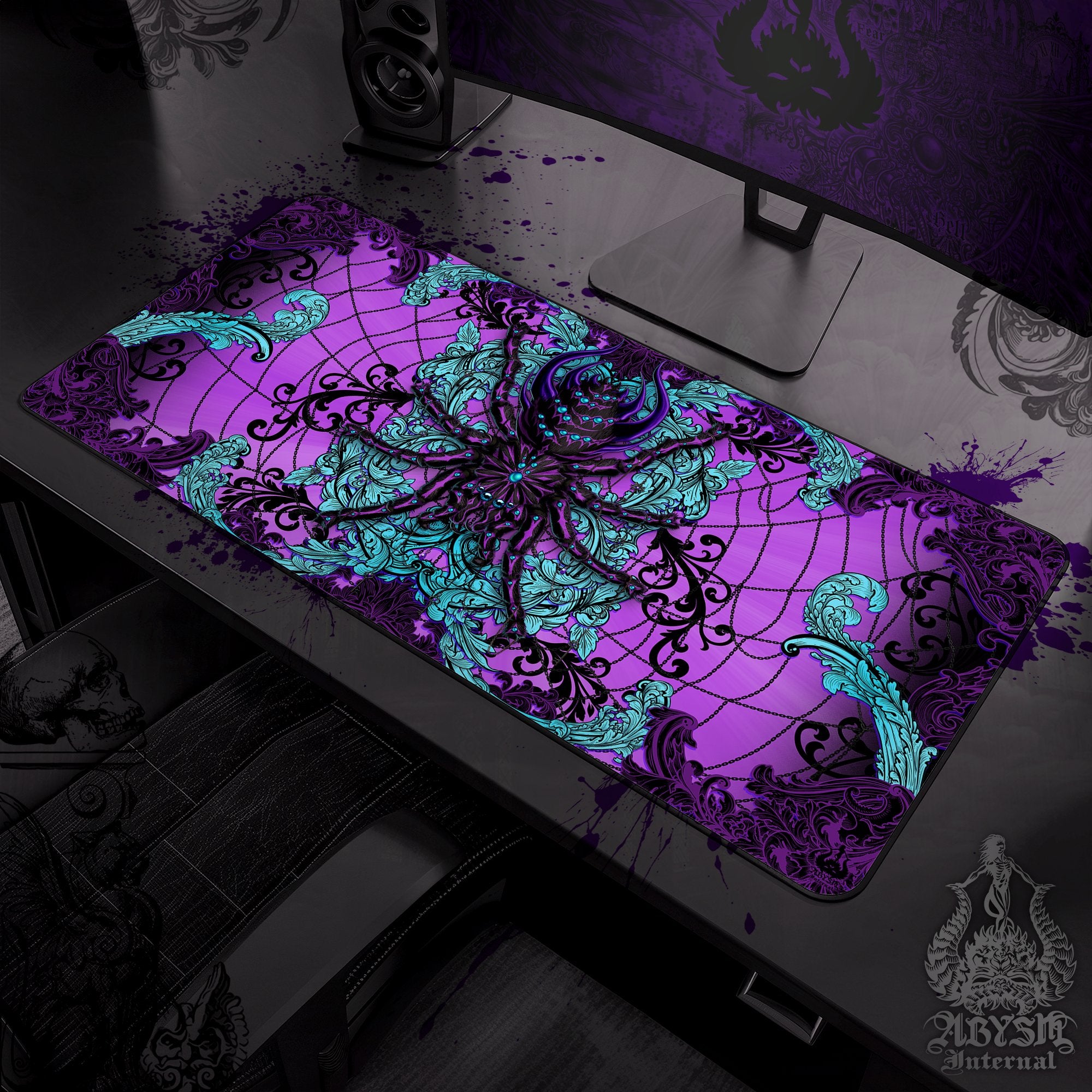 Pastel Goth Desk Mat, Spider Gaming Mouse Pad, Witchy Gamer Table Protector Cover, Tarantula Workpad, Whimsigoth Art Print – Black Purple