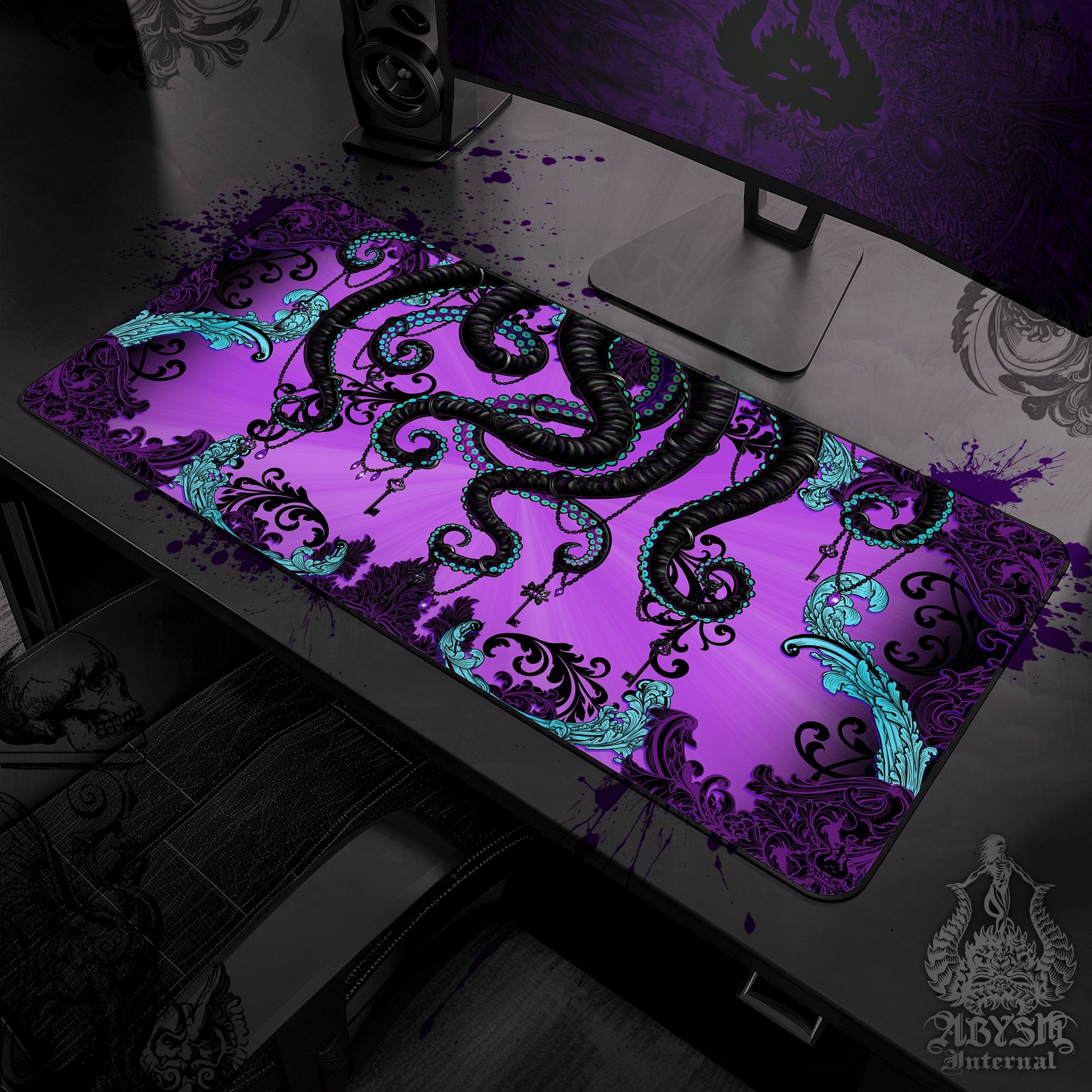 Pastel Goth Gaming Desk Mat, Octopus Mouse Pad, Table Protector Cover, Black and Purple Tentacles Workpad, Whimsigoth, Fantasy Art Print