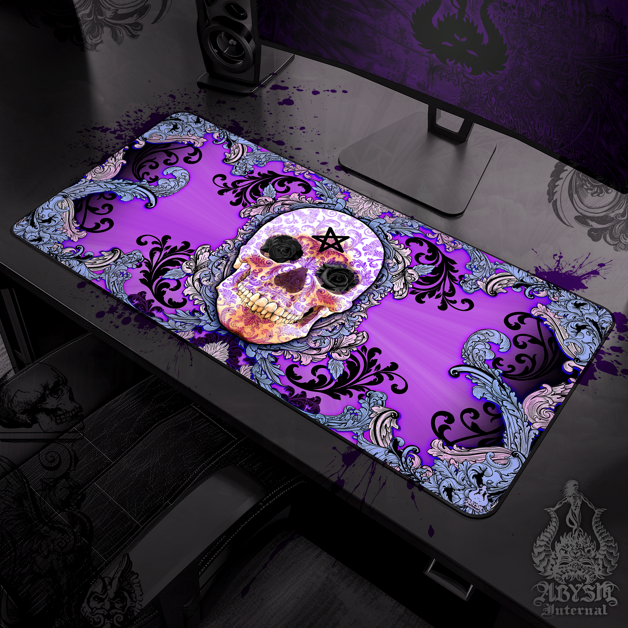 Pastel Goth Gaming Desk Mat, Skull Mouse Pad, Black and Purple Table Protector Cover, Whimsigoth Workpad, Art Print