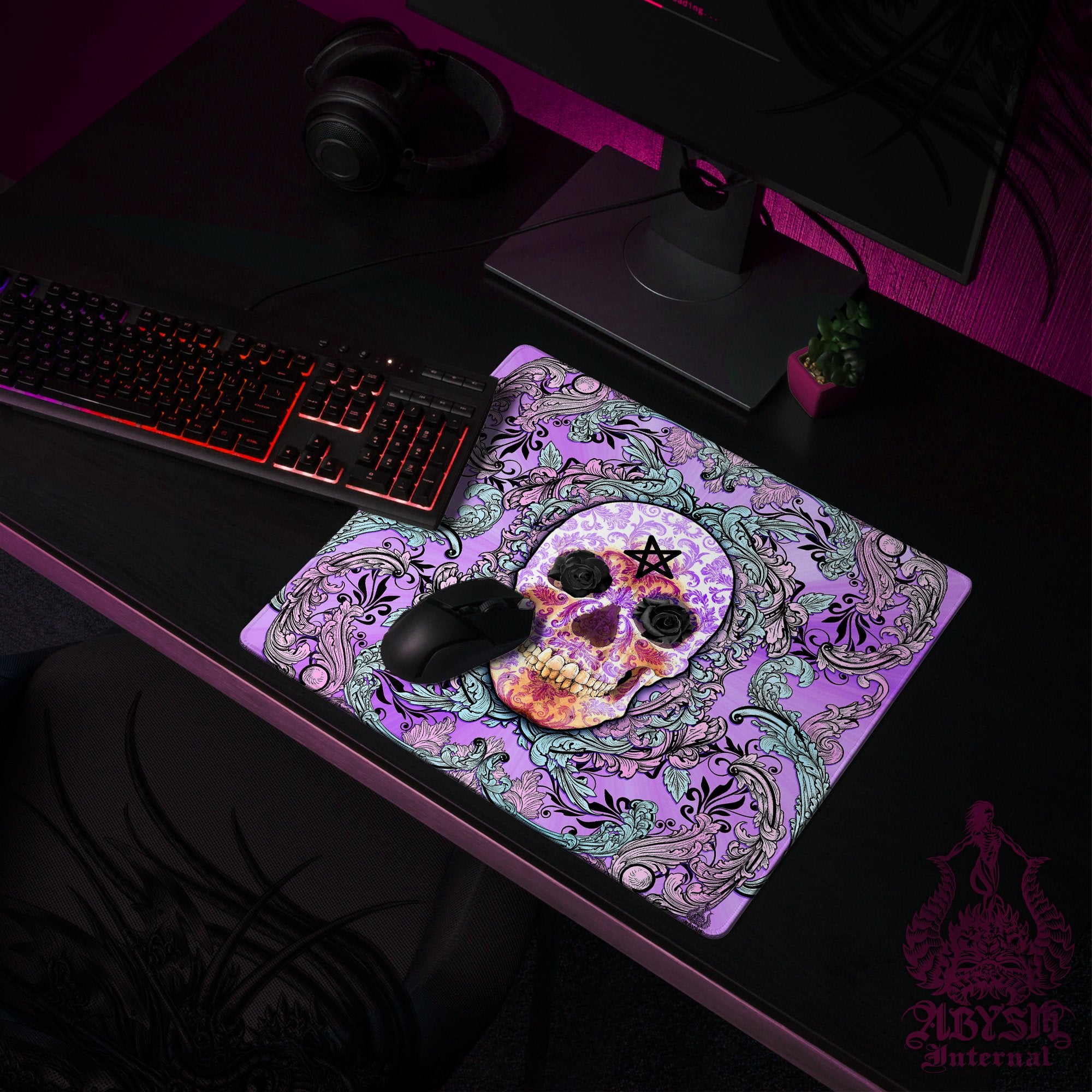 Pastel Goth Gaming Desk Mat, Skull Mouse Pad, Black and Purple Table Protector Cover, Whimsigoth Workpad, Art Print Pastel Goth Gaming Desk Mat, Skull Mouse Pad, Black and Purple Table Protector Cover, Whimsigoth Workpad, Art Print