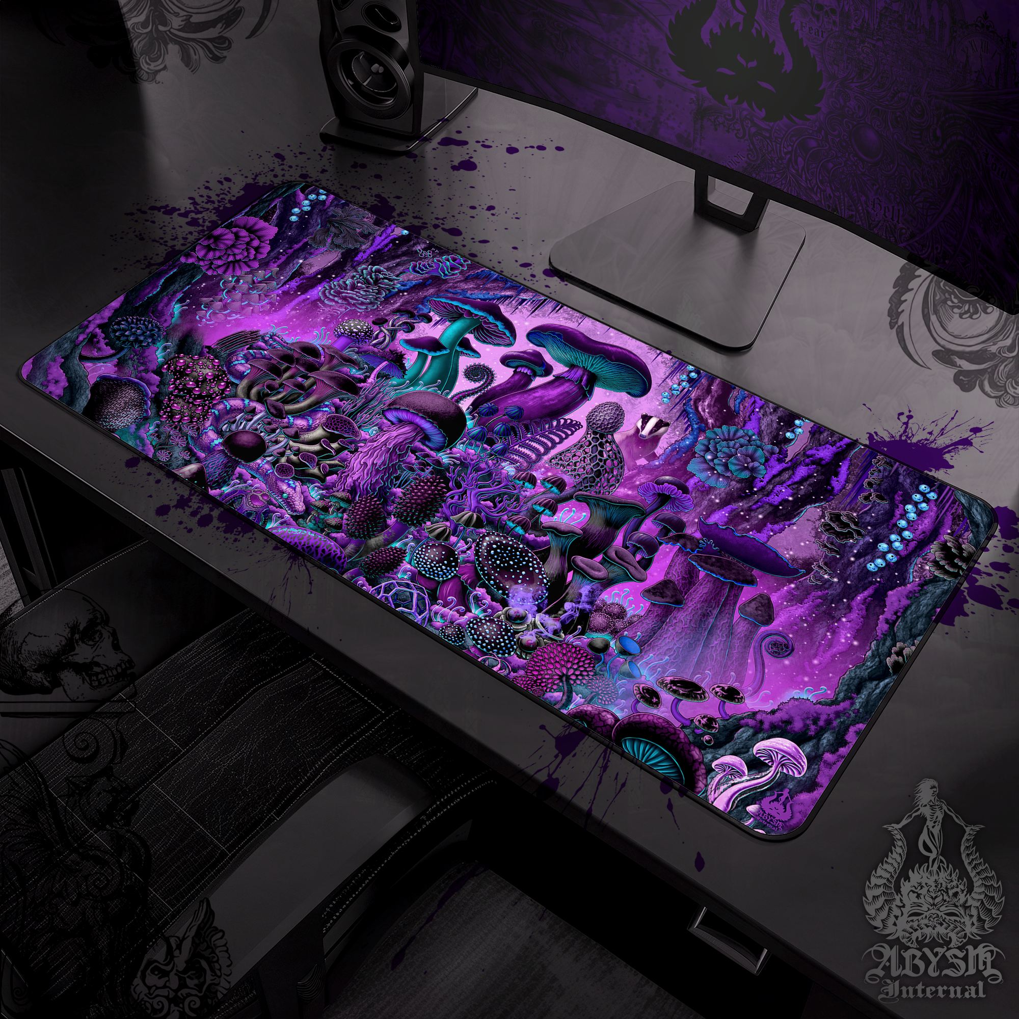 Pastel Goth Gaming Mouse Pad, Magic Mushrooms Desk Mat, Black and Purple Table Protector Cover, Magic Shrooms Workpad