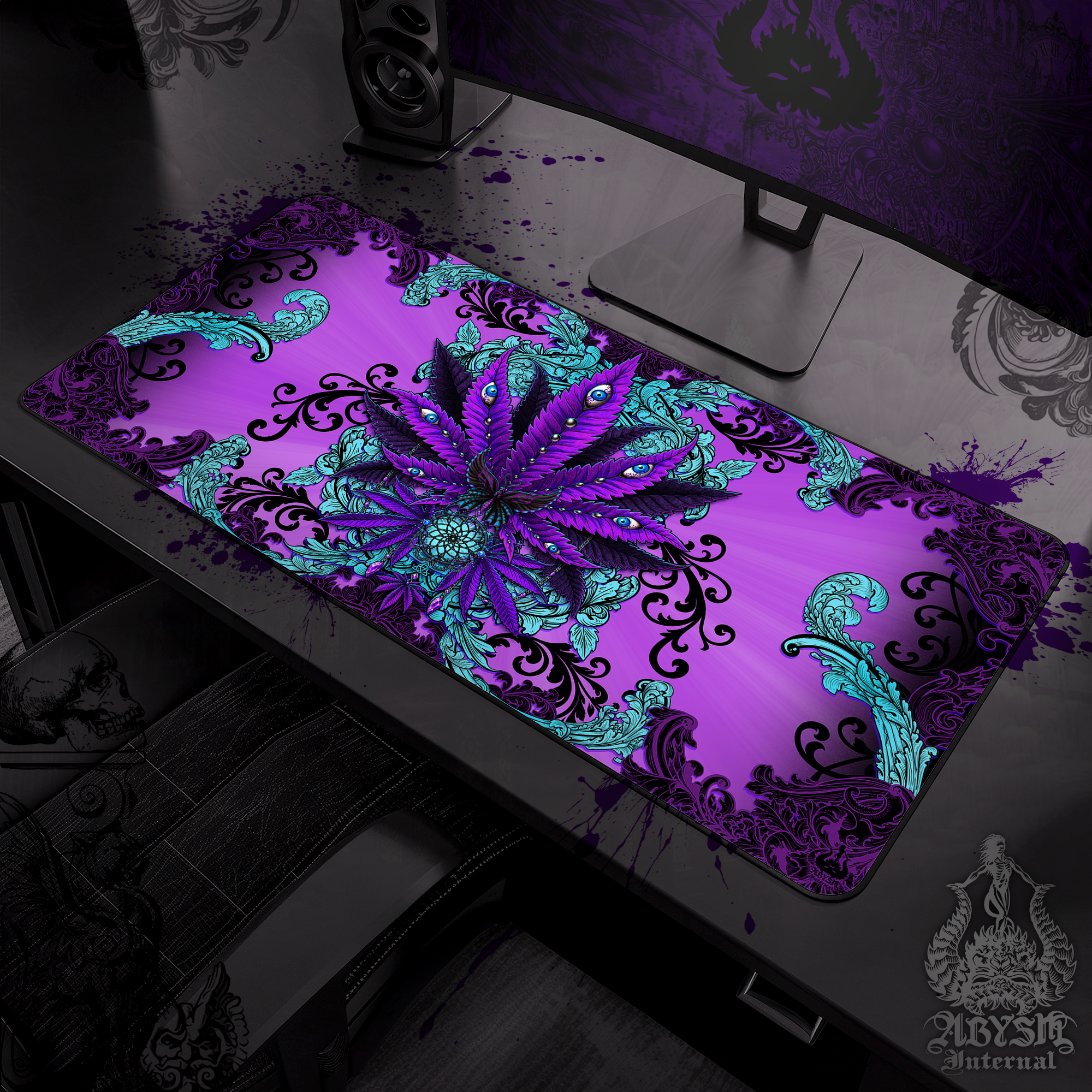 Pastel Goth Mouse Pad, 420 Gaming Desk Mat, Weed Workpad, Cannabis Table Protector Cover, Marijuana Art Print – Black Purple