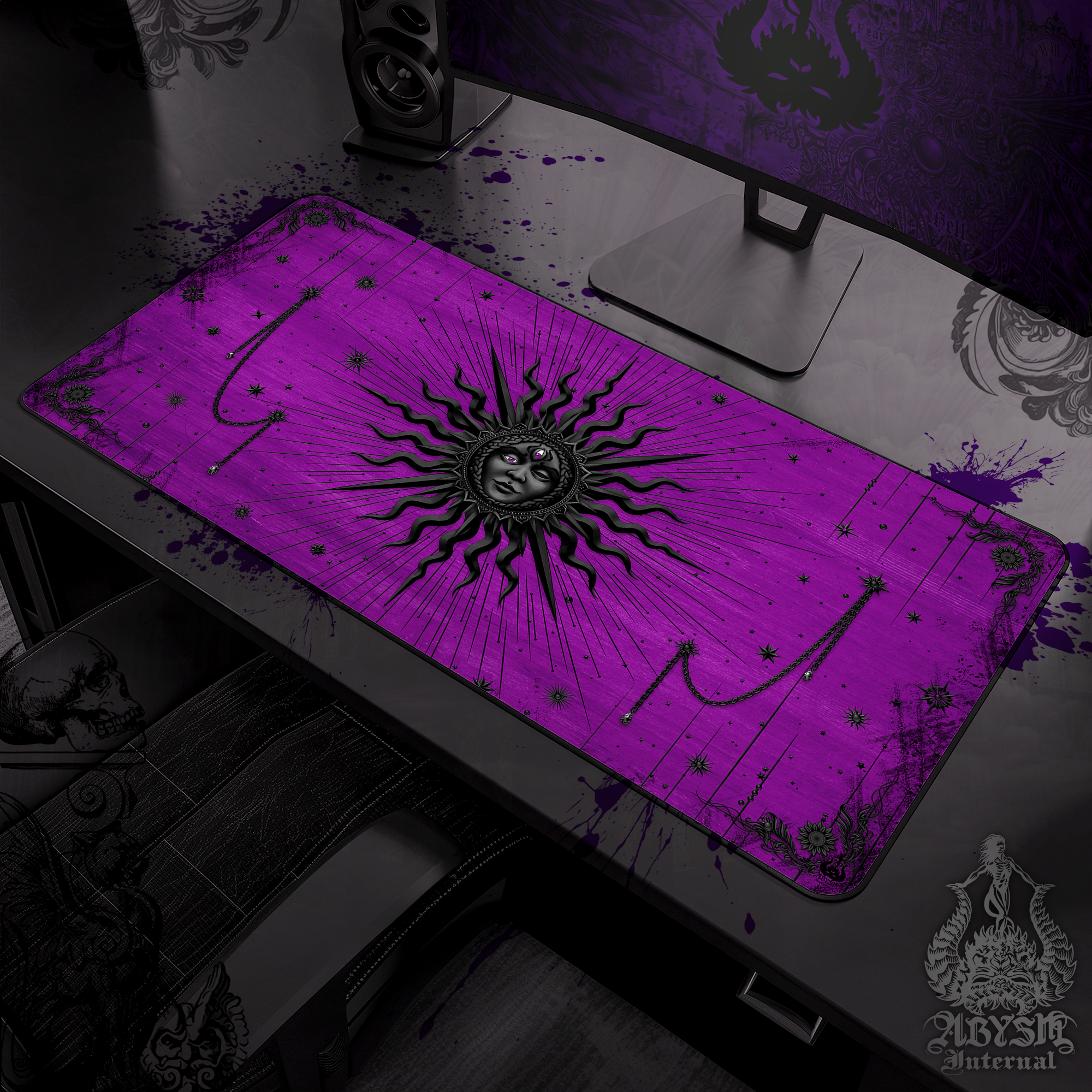 Pastel Goth Sun Mouse Pad, Tarot Arcana Gaming Desk Mat, Whimsigoth Workpad, Witchy Table Protector Cover, Esoteric Art Print – Black Purple