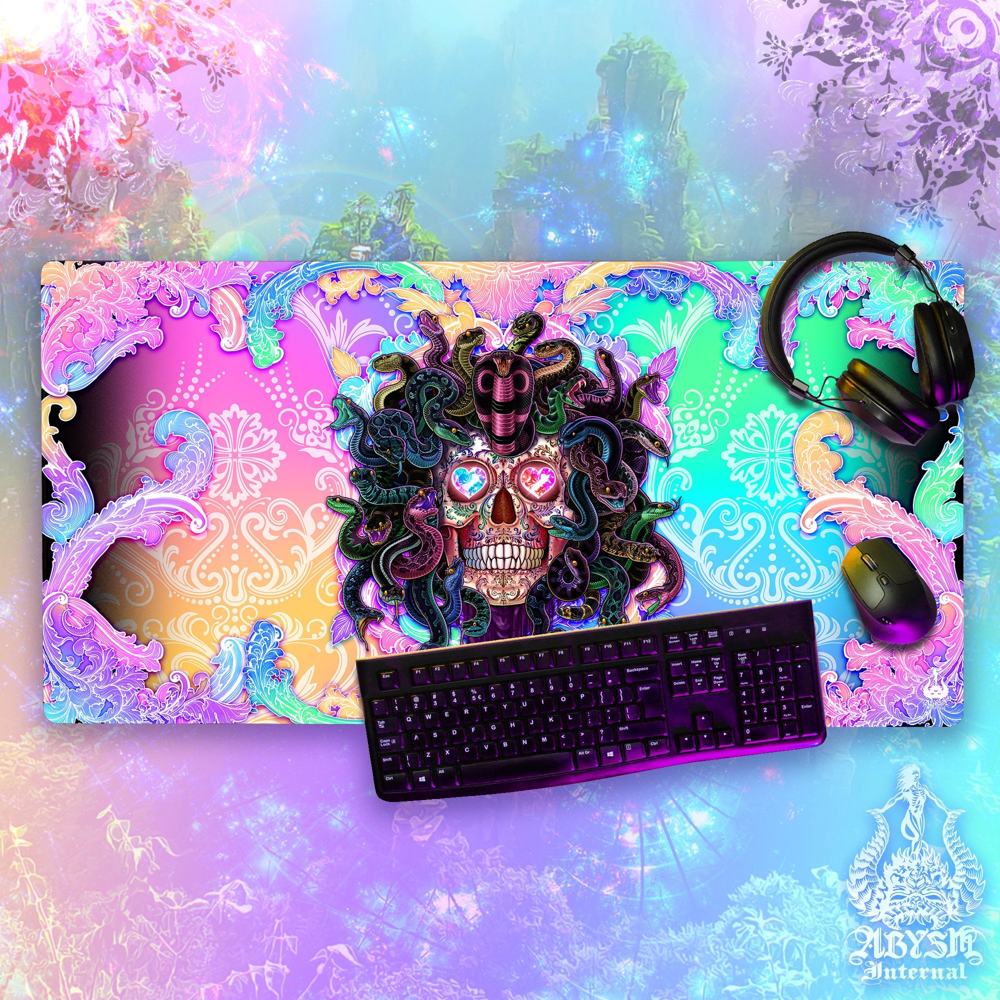 Pastel Horror Gaming Mouse Pad, Girl Gamer Desk Mat, Psychedelic Skull Table Protector Cover, Medusa Workpad, Art Print – Black, 4 Options