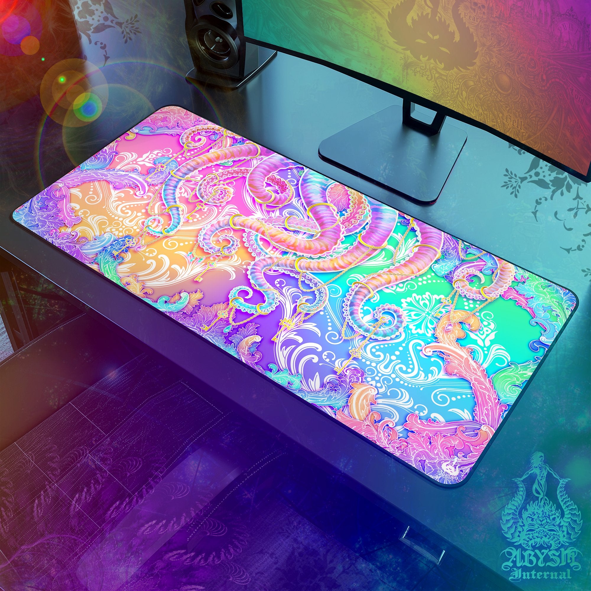 Pastel Mouse Pad, Trippy Octopus Gaming Desk Mat, Psychedelic Workpad, Girl Gamer Table Protector Cover, Fantasy Art Print