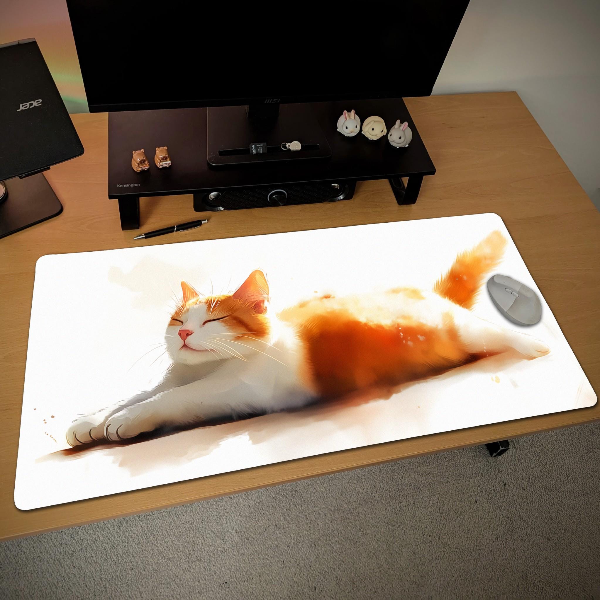 Peaceful Ginger Cat Desk Mat  Watercolor Ginger Kitten Mouse Pad, Cute Pet Office Decor
