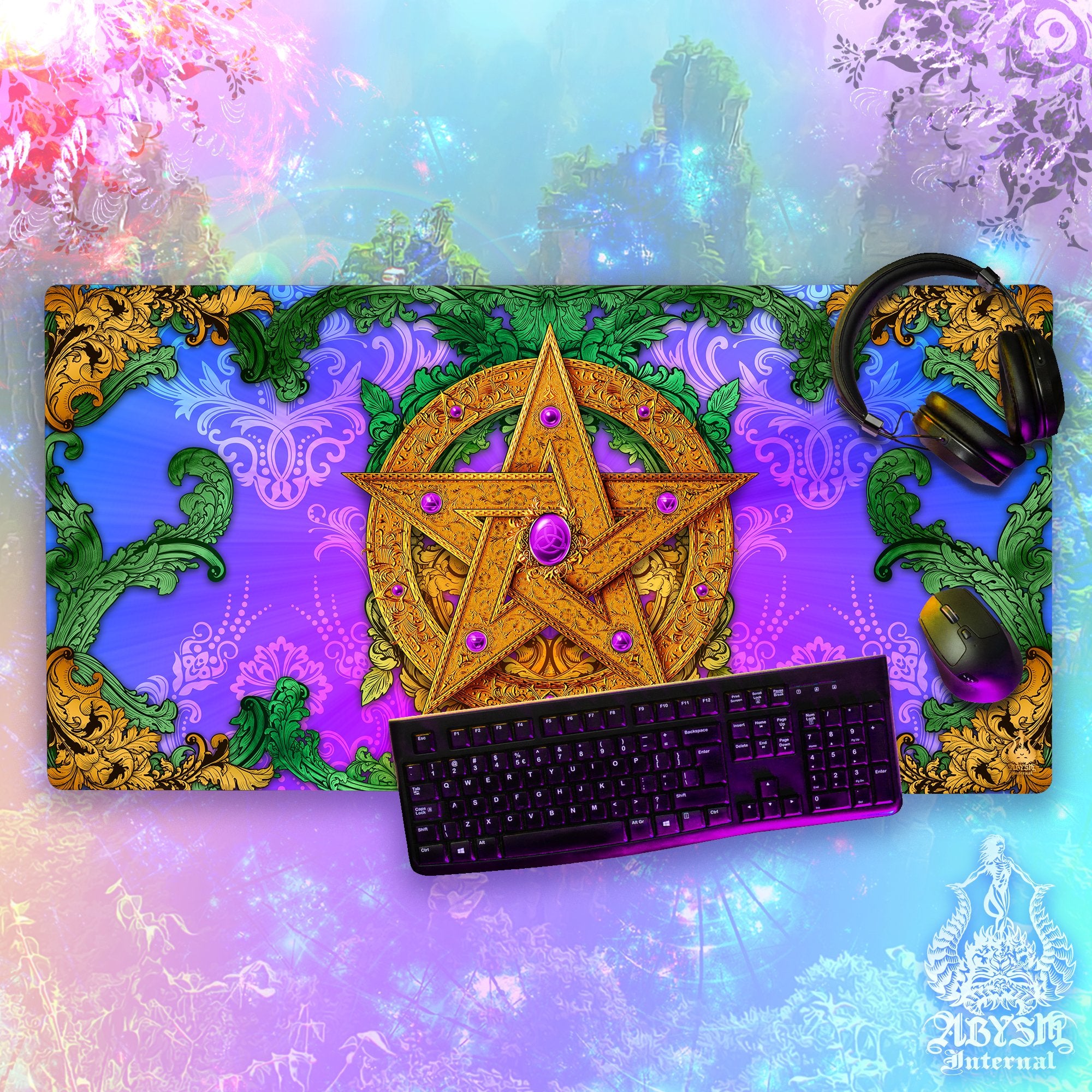 Pentacle Desk Mat, Witch Gaming Mouse Pad, Witchy Table Protector Cover, Wicca Workpad, Fantasy Art Print – 5 Colors