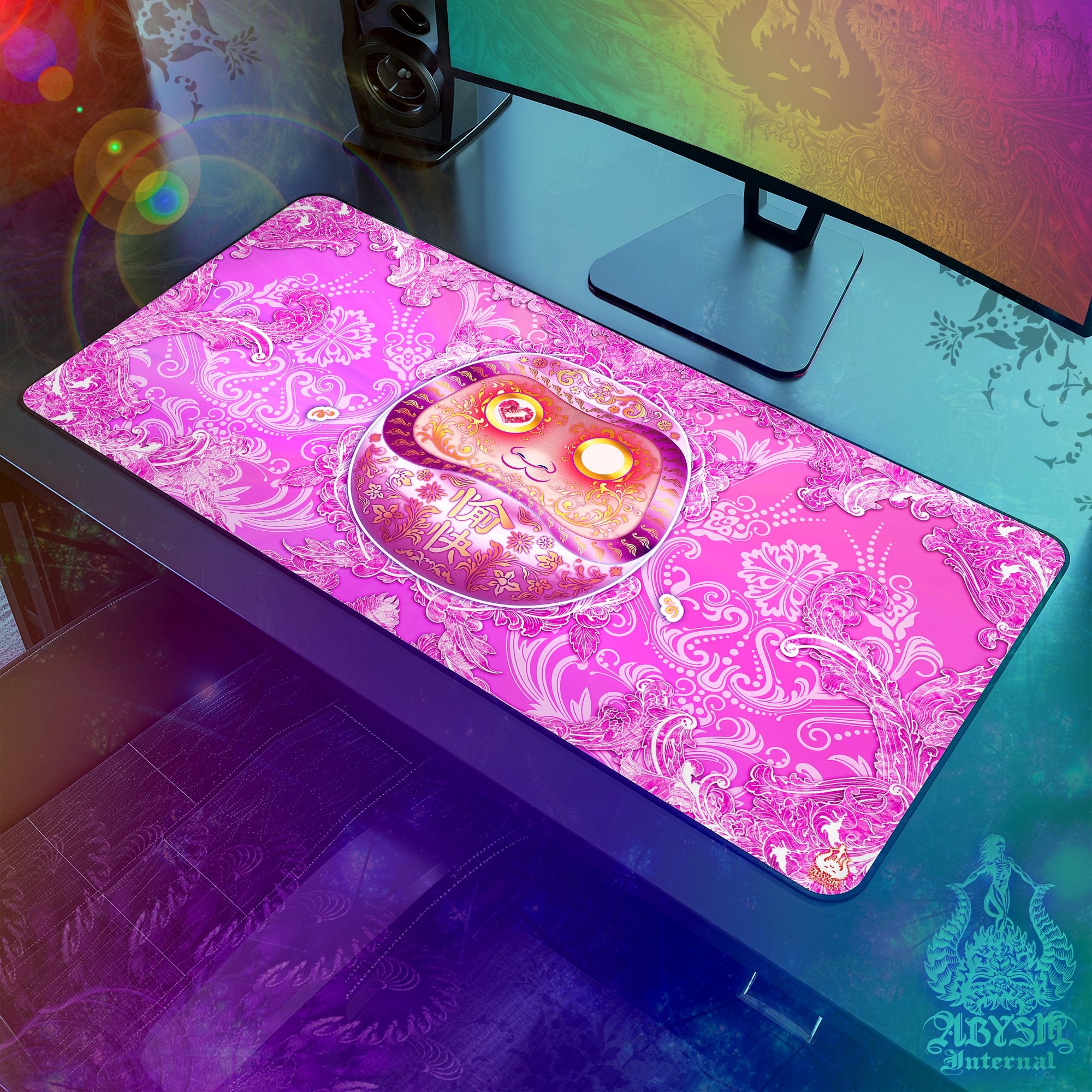 Pink Gaming Mouse Pad, Girl Gamer Desk Mat, Japanese Daruma Table Protector Cover, Yume Kawaii Workpad, Harajuku Art Print – Anime and Manga, Psy