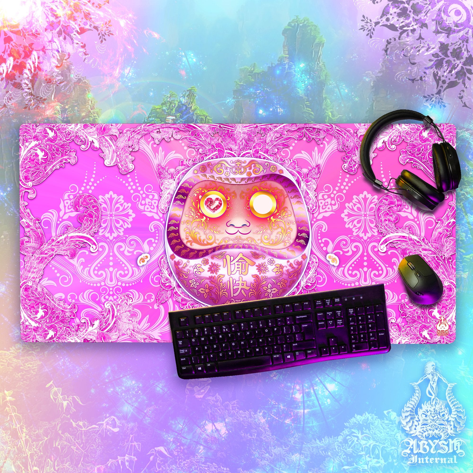 Pink Gaming Mouse Pad, Girl Gamer Desk Mat, Japanese Daruma Table Protector Cover, Yume Kawaii Workpad, Harajuku Art Print – Anime and Manga, Psy Pink Gaming Mouse Pad, Girl Gamer Desk Mat, Japanese Daruma Table Protector Cover, Yume Kawaii Workpad, Harajuku Art Print – Anime and Manga, Psy