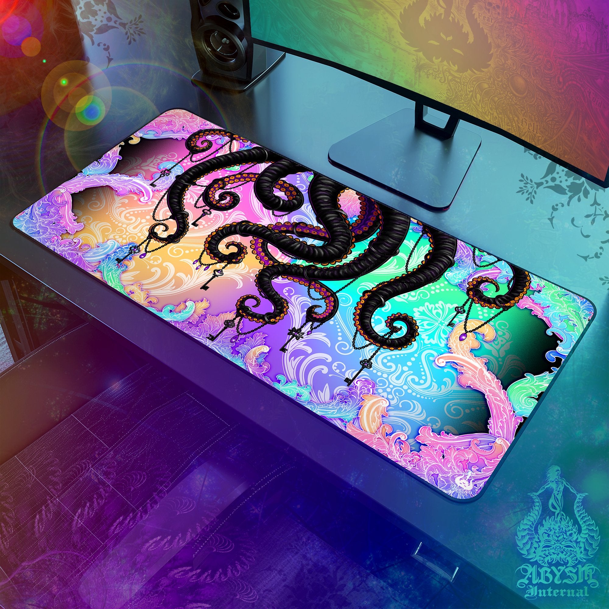 Psychedelic Desk Mat, Tentacles Gaming Mouse Pad, Girl Gamer Table Protector Cover, Trippy Workpad, Fantasy Art Print – Black Octopus