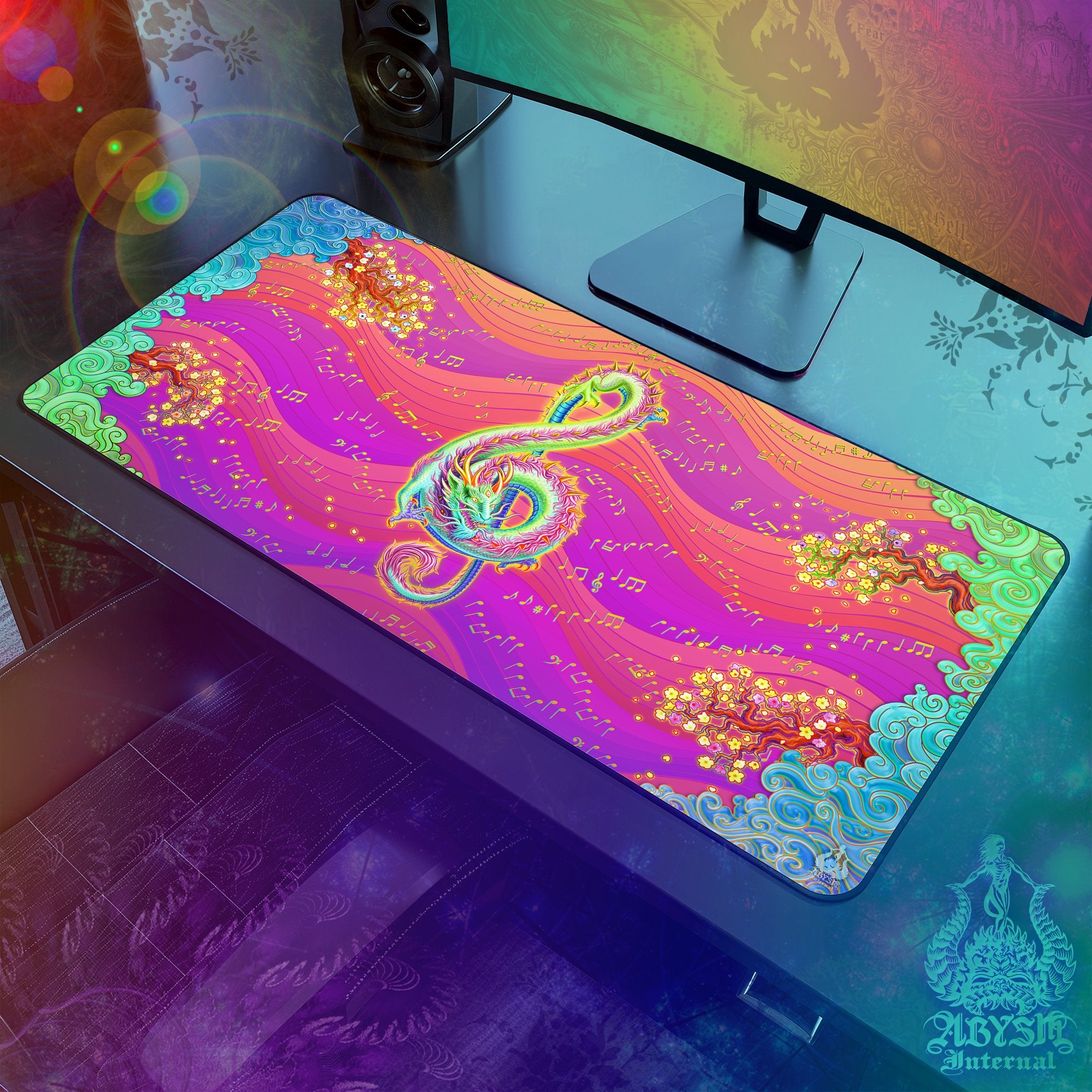 Psychedelic Dragon Desk Mat, Music Gaming Mouse Pad, Asian Table Protector Cover, Colorful Neon Workpad, Treble Clef Art Print