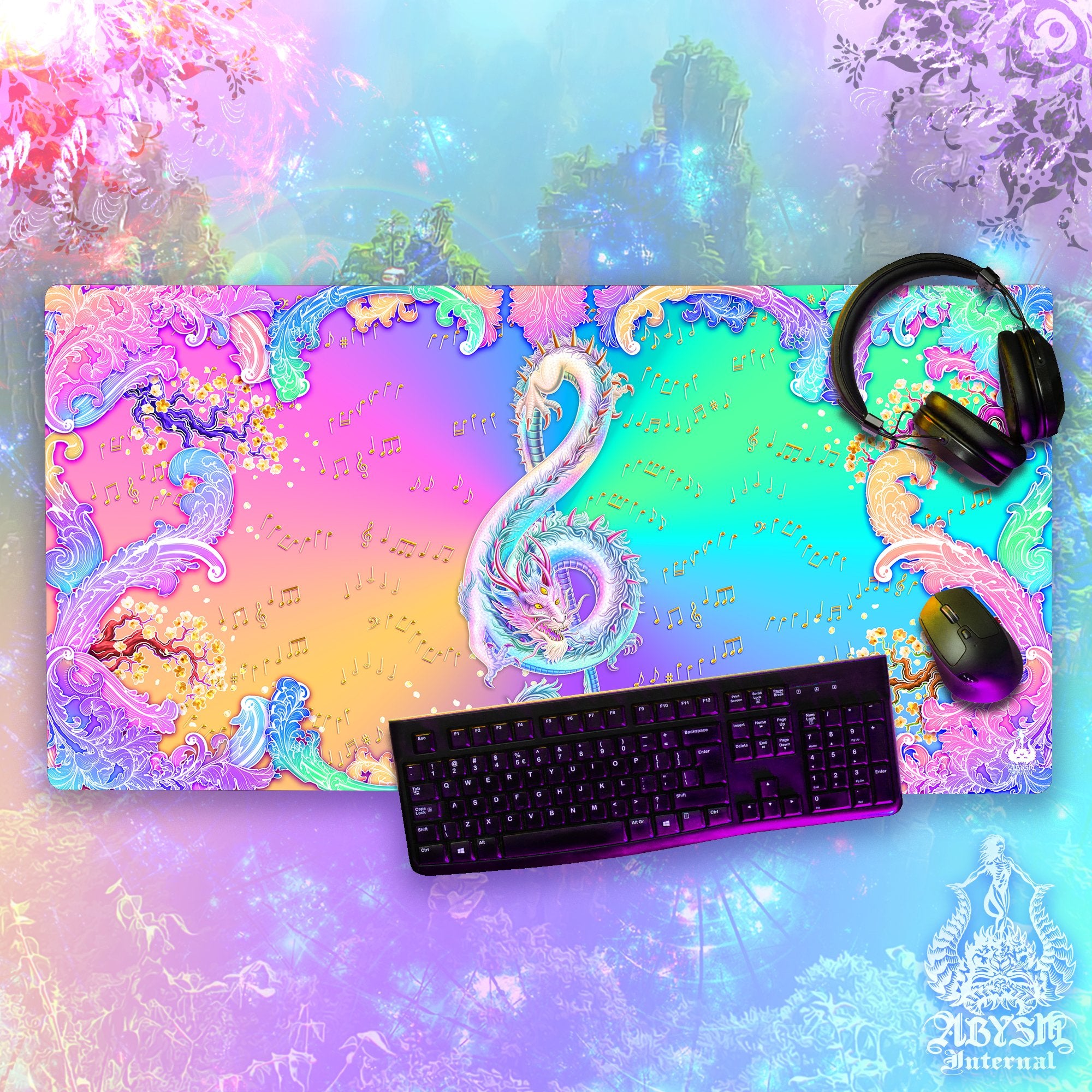 Psychedelic Dragon Gaming Mouse Pad, Music Desk Mat, Trippy Pastel Workpad, Girl Gamer Table Protector Cover, Treble Clef Asian Art Print – 2 Options
