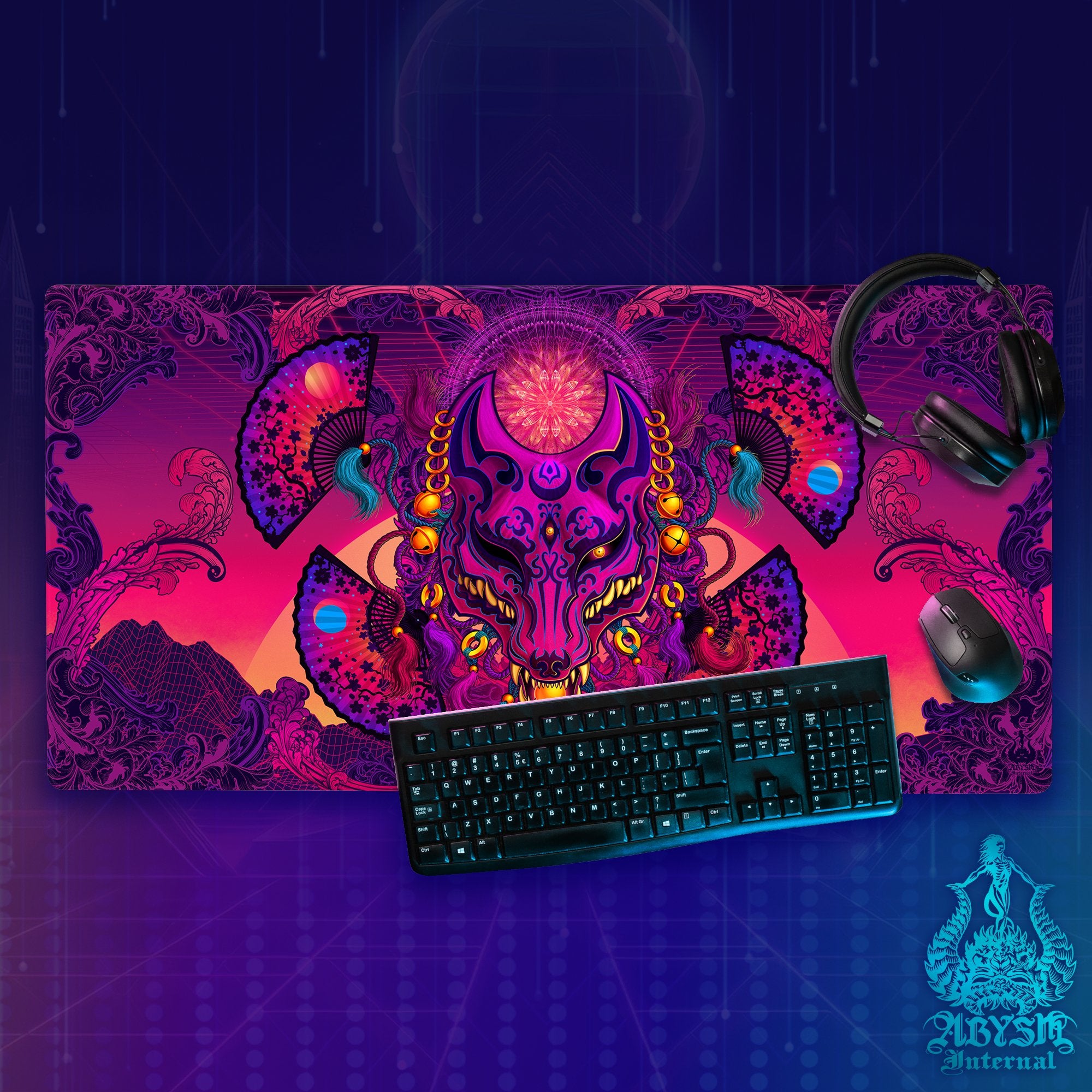 Psychedelic Gaming Desk Mat, Fox Mask Mouse Pad, Kitsune Table Protector Cover, Youkai Workpad, Japanese Anime and Manga Art Print – Vaporwave Psychedelic Gaming Desk Mat, Fox Mask Mouse Pad, Kitsune Table Protector Cover, Youkai Workpad, Japanese Anime and Manga Art Print – Vaporwave