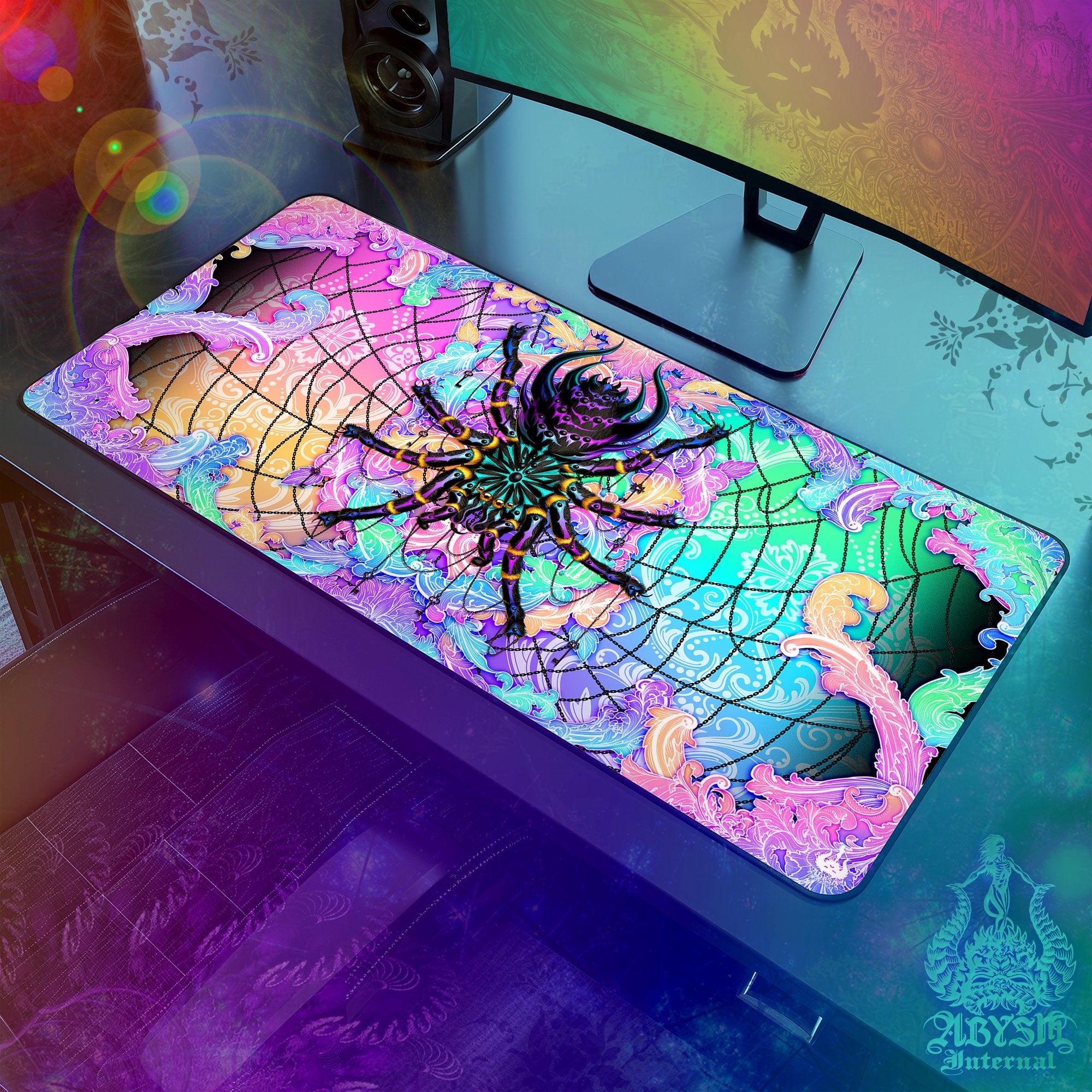 Psychedelic Gaming Desk Mat, Pastel Mouse Pad, Girl Gamer Table Protector Cover, Trippy Tarantula Workpad, Black Spider Art Print