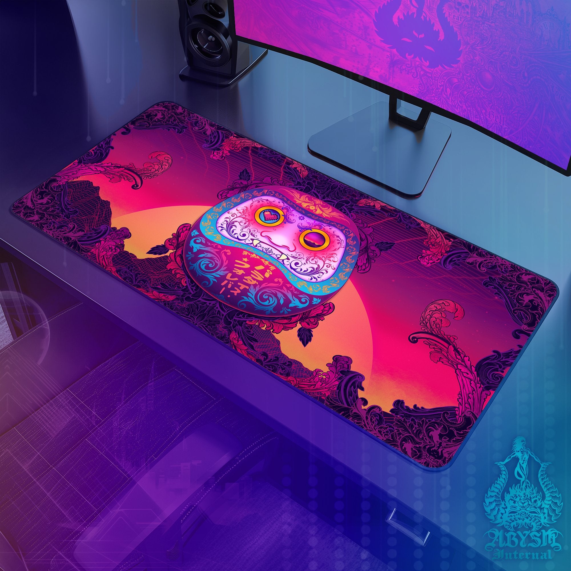 Psychedelic Gaming Desk Mat, Vaporwave Mouse Pad, Japanese Retrowave Table Protector Cover, Daruma Workpad, Mandga and Anime Art Print