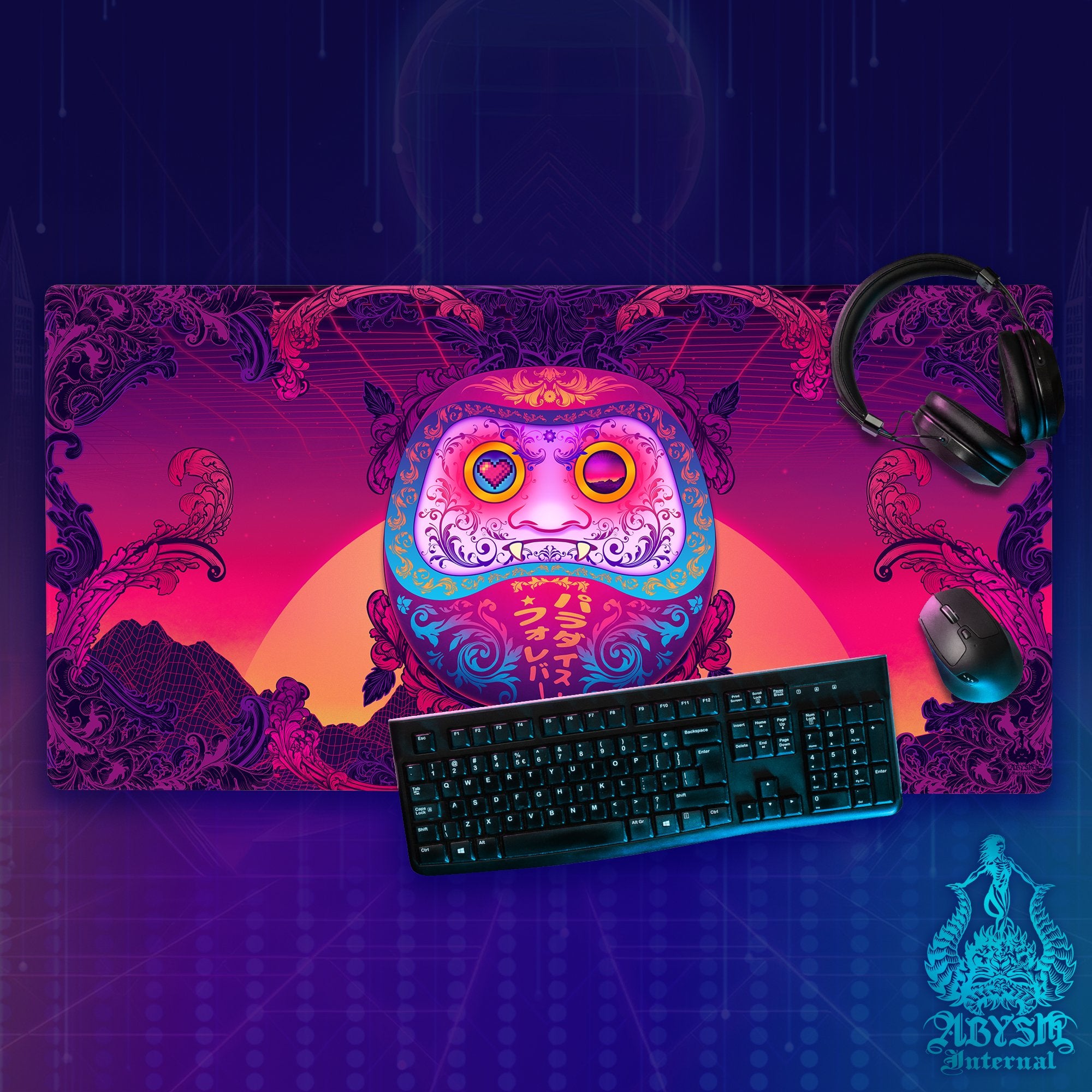 Psychedelic Gaming Desk Mat, Vaporwave Mouse Pad, Japanese Retrowave Table Protector Cover, Daruma Workpad, Mandga and Anime Art Print Psychedelic Gaming Desk Mat, Vaporwave Mouse Pad, Japanese Retrowave Table Protector Cover, Daruma Workpad, Mandga and Anime Art Print