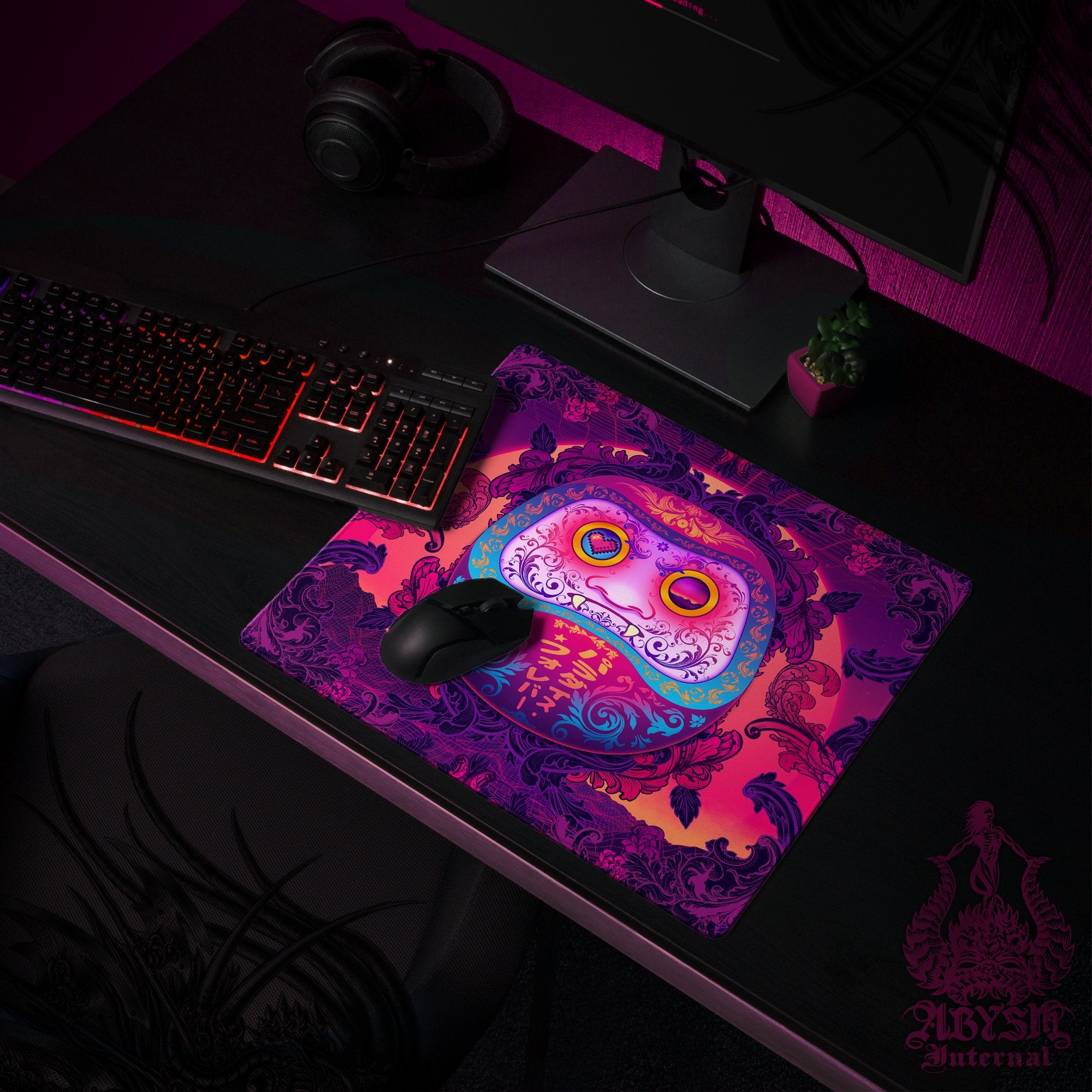 Psychedelic Gaming Desk Mat, Vaporwave Mouse Pad, Japanese Retrowave Table Protector Cover, Daruma Workpad, Mandga and Anime Art Print Psychedelic Gaming Desk Mat, Vaporwave Mouse Pad, Japanese Retrowave Table Protector Cover, Daruma Workpad, Mandga and Anime Art Print