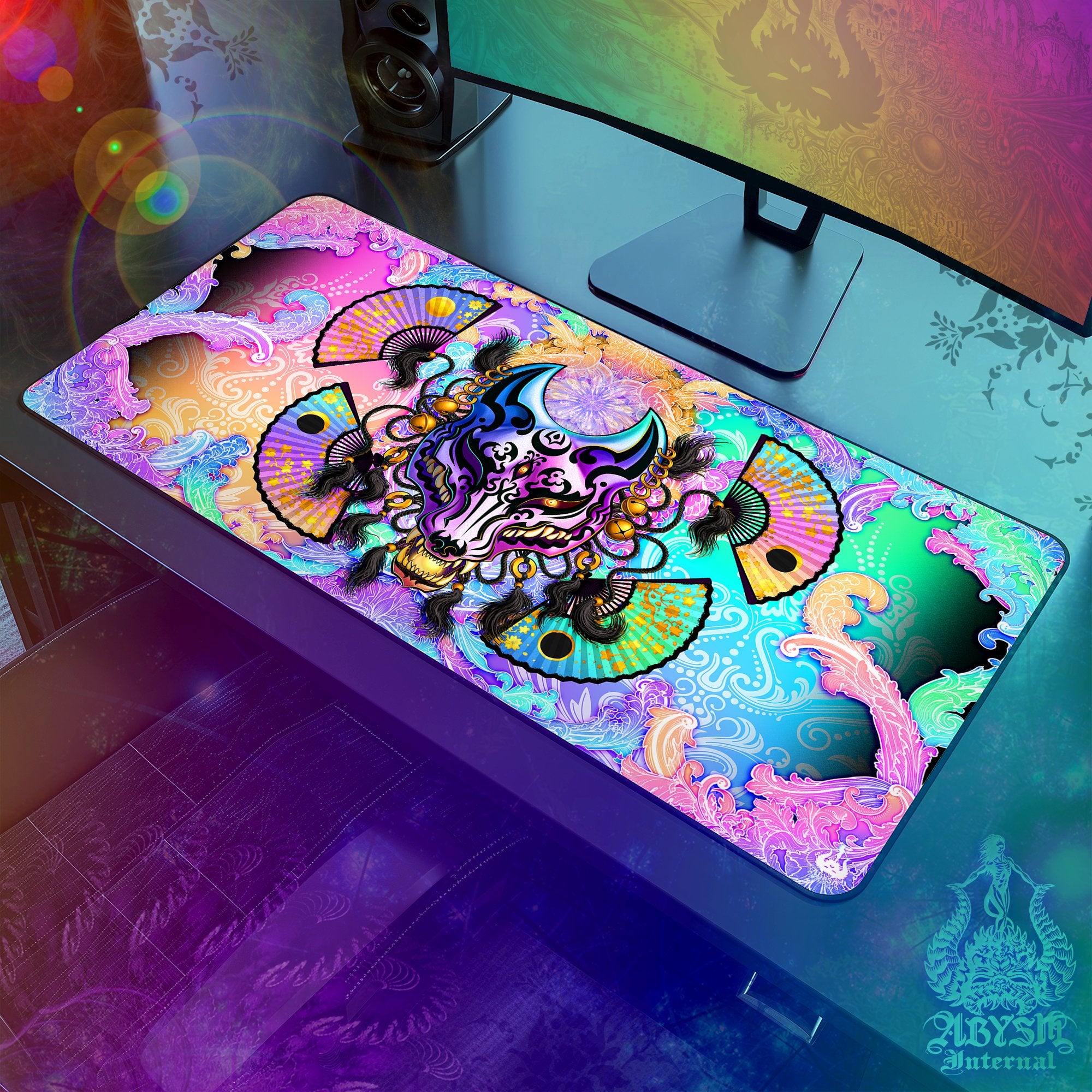 Psychedelic Gaming Mouse Pad, Kitsune Desk Mat, Fox Mask Table Protector Cover, Wolf Workpad, Japanese Manga and Anime Art Print – Pastel Black