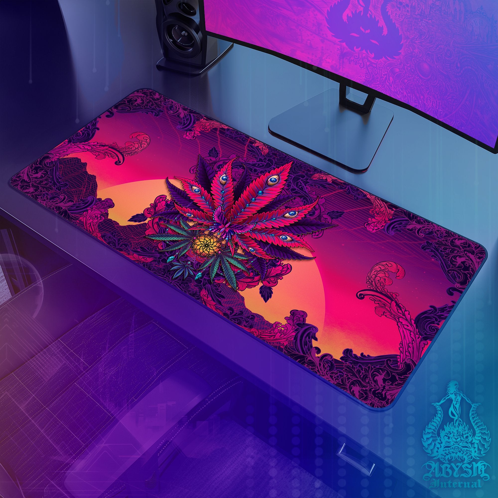 Psychedelic Gaming Mouse Pad, Marijuana Desk Mat, Weed Table Protector Cover, Retrowave Cannabis Workpad, Vaporwave 420 Art Print