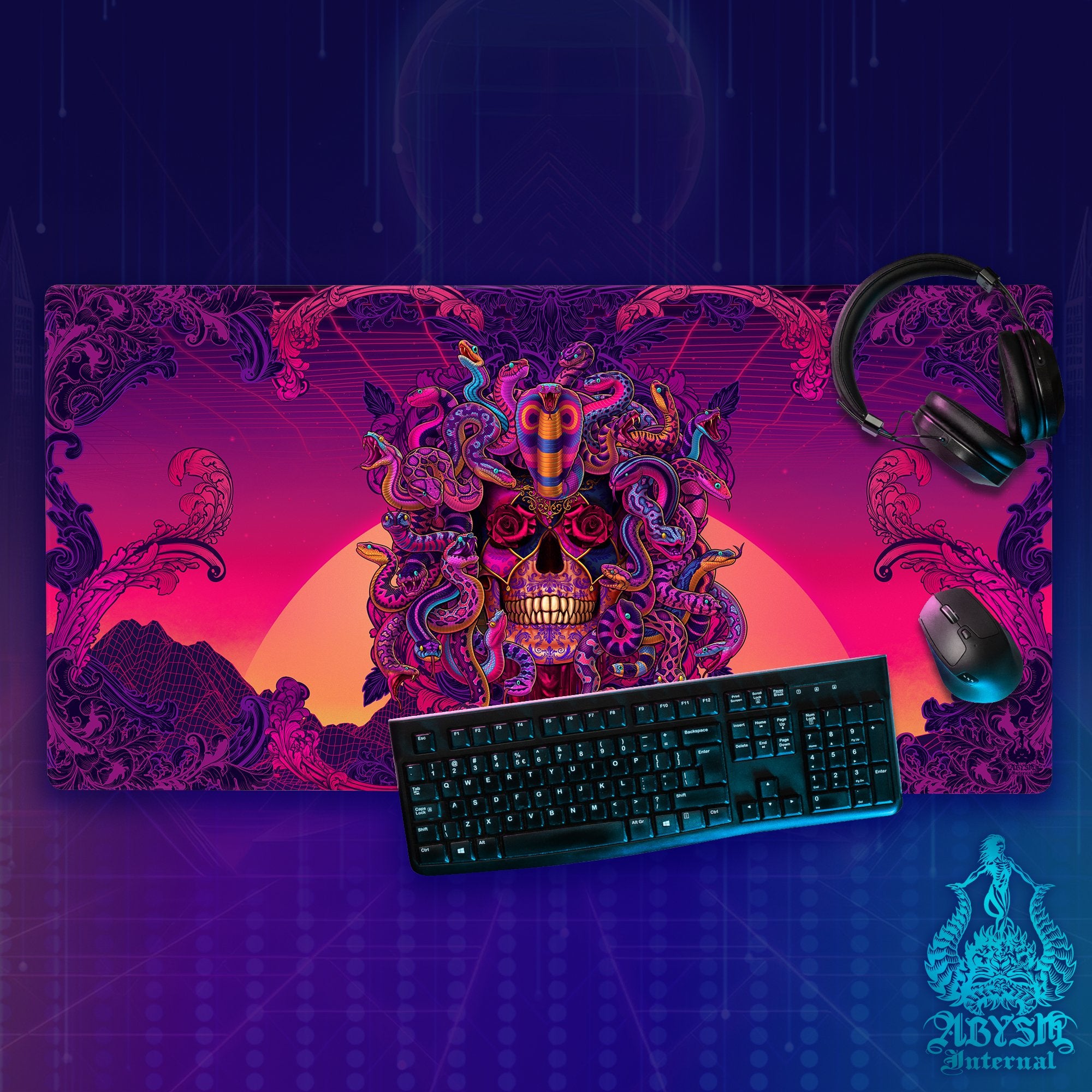 Psychedelic Gaming Mouse Pad, Skull Desk Mat, Gamer Table Protector Cover, Retrowave Medusa Workpad, Fantasy Art Print – Vaporwave, 4 Options