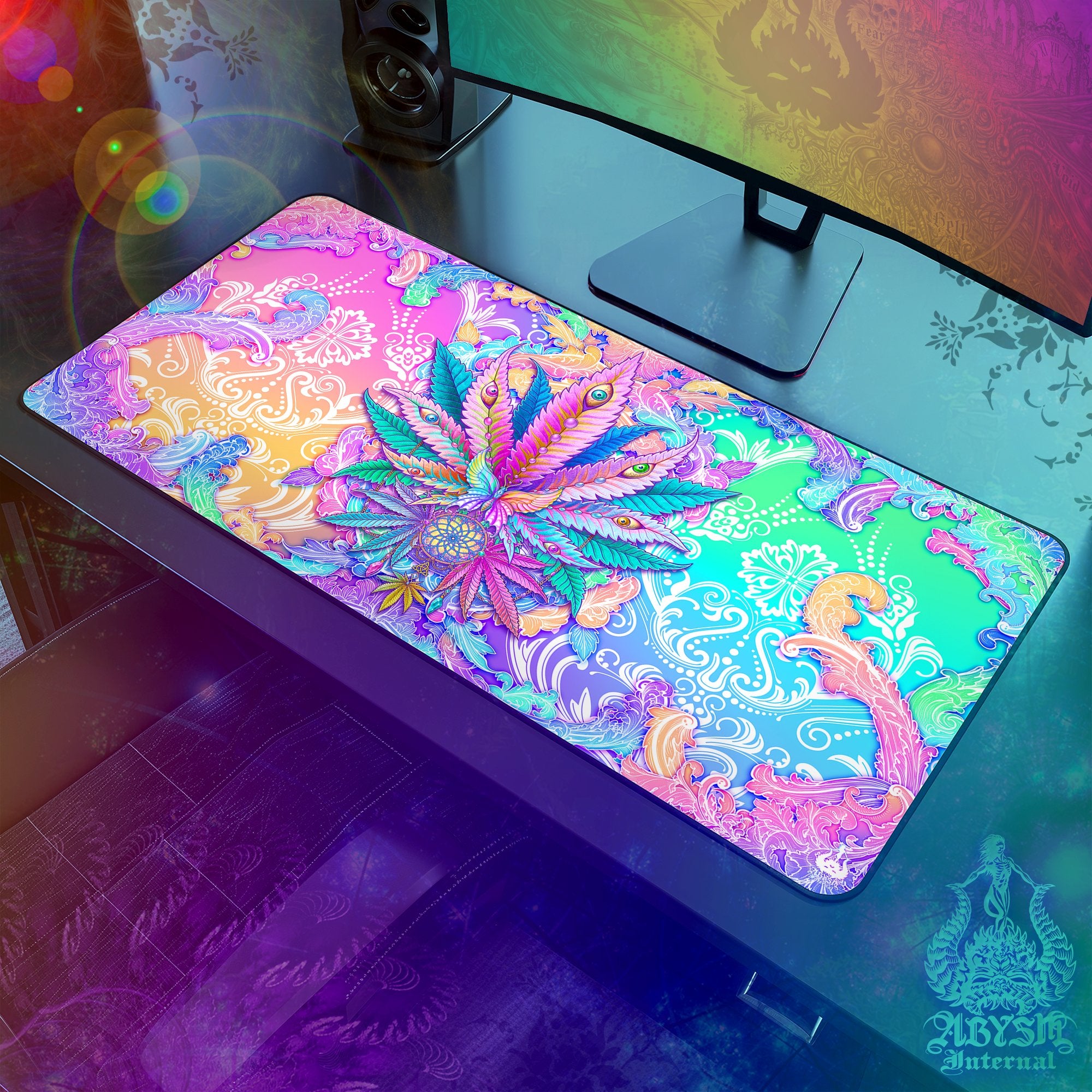 Psychedelic Mouse Pad, Aesthetic Marijuana Gaming Desk Mat, Cannabis Workpad, Weed Table Protector Cover, Pastel 420 Art Print