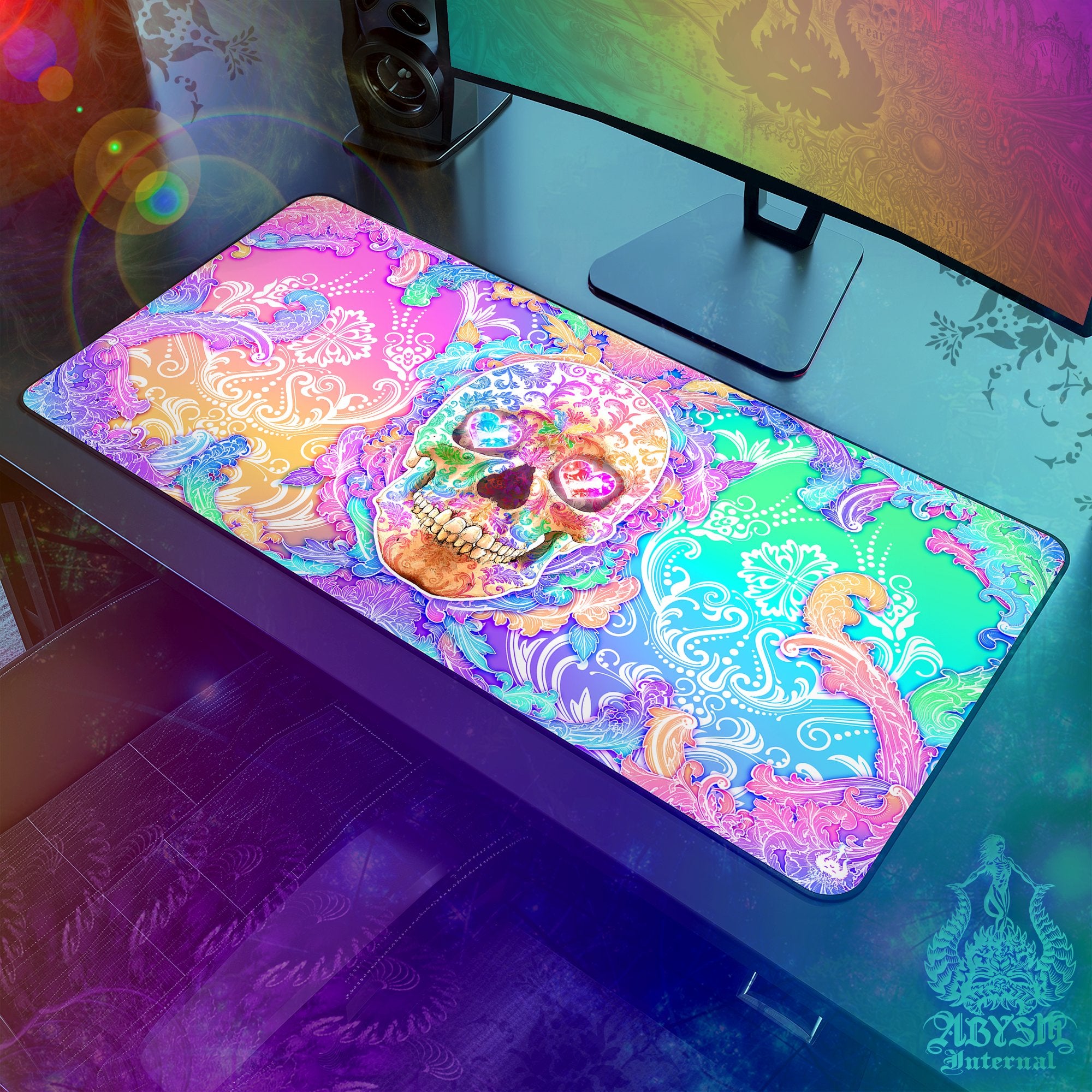 Psychedelic Skull Desk Mat, Pastel Gaming Mouse Pad, Aesthetic Table Protector Cover, Harajuku Workpad, Yami Kawaii Art Print