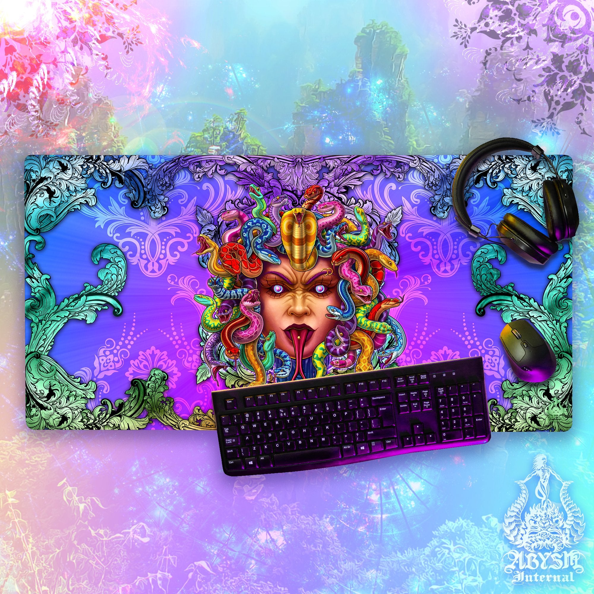 Psychedelic Workpad, Gamer Desk Mat, Medusa Gaming Mouse Pad, Colorful Indie Table Protector Cover, Fantasy Art Print – Psy, 2 Colors