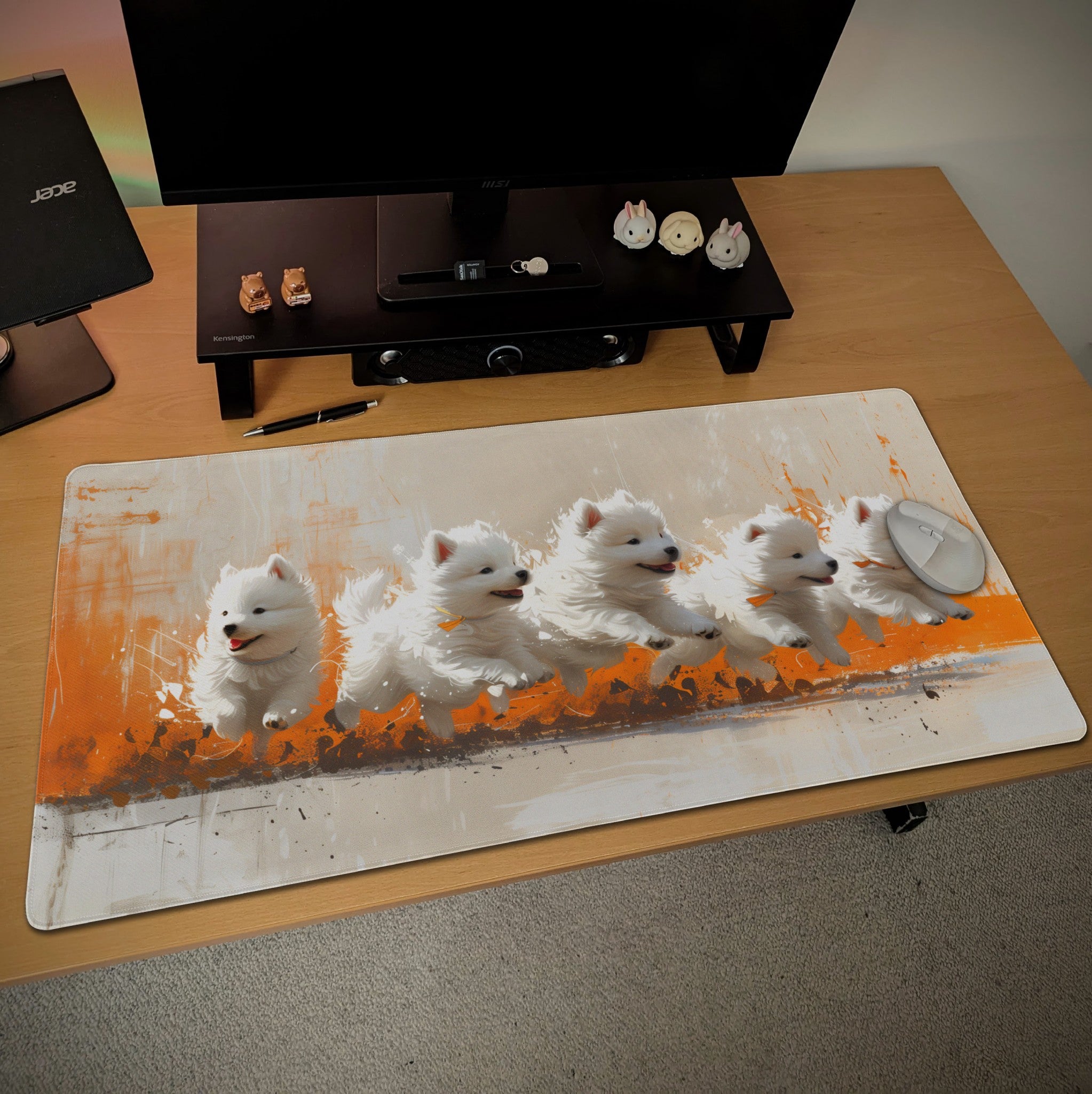 Puppies Painting Desk Mat  Samoyed Dogs – Colorful Orange Paintbrush Strokes, Creative Cute Mouse Pad