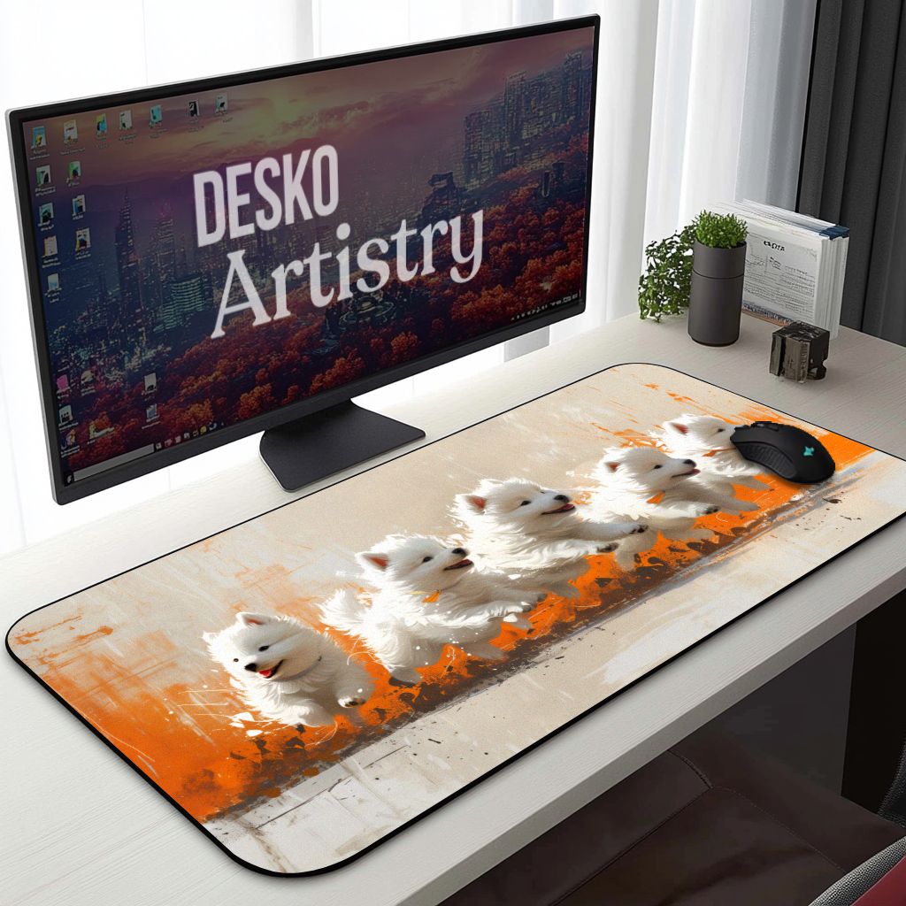Puppies Painting Desk Mat Samoyed Dogs – Colorful Orange Paintbrush Strokes, Creative Cute Mouse Pad Puppies Painting Desk Mat Samoyed Dogs – Colorful Orange Paintbrush Strokes, Creative Cute Mouse Pad