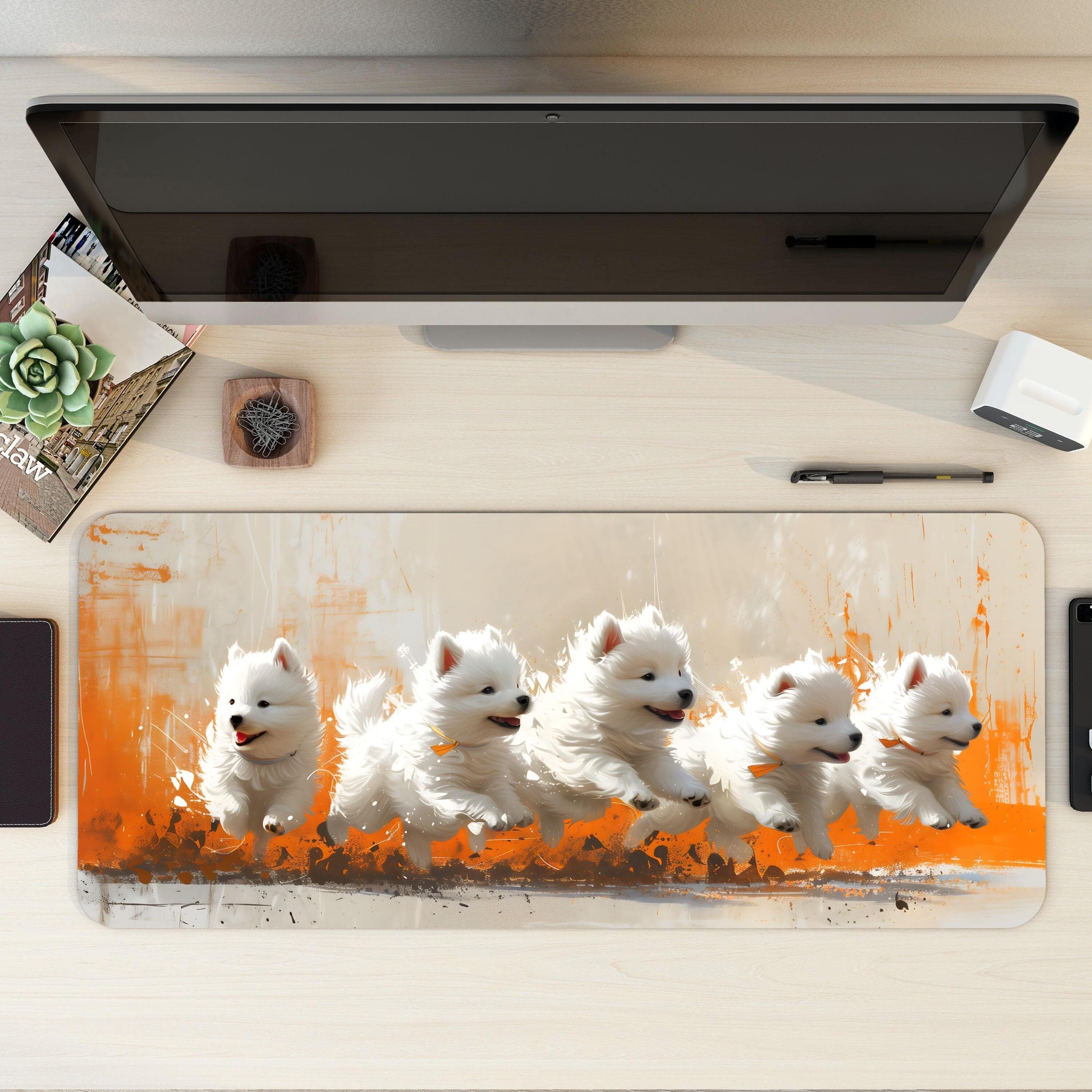 Puppies Painting Desk Mat Samoyed Dogs – Colorful Orange Paintbrush Strokes, Creative Cute Mouse Pad Puppies Painting Desk Mat Samoyed Dogs – Colorful Orange Paintbrush Strokes, Creative Cute Mouse Pad
