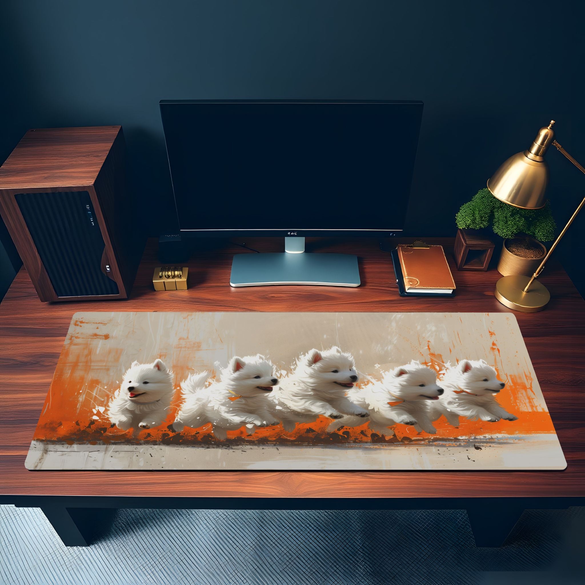 Puppies Painting Desk Mat Samoyed Dogs – Colorful Orange Paintbrush Strokes, Creative Cute Mouse Pad Puppies Painting Desk Mat Samoyed Dogs – Colorful Orange Paintbrush Strokes, Creative Cute Mouse Pad