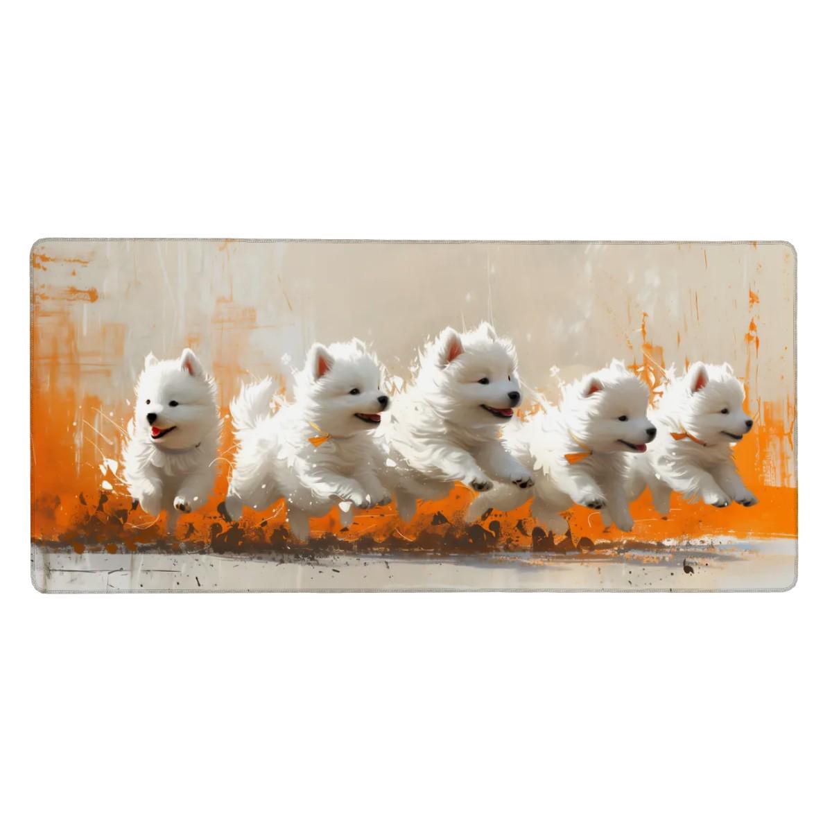 Puppies Painting Desk Mat Samoyed Dogs – Colorful Orange Paintbrush Strokes, Creative Cute Mouse Pad Puppies Painting Desk Mat Samoyed Dogs – Colorful Orange Paintbrush Strokes, Creative Cute Mouse Pad